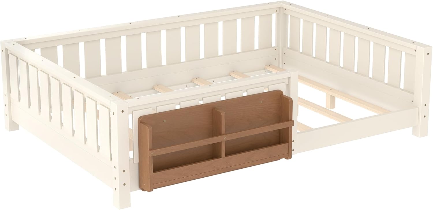 Bellemave Full Size Floor Bed with Slats and Safety Guardrail, Beige