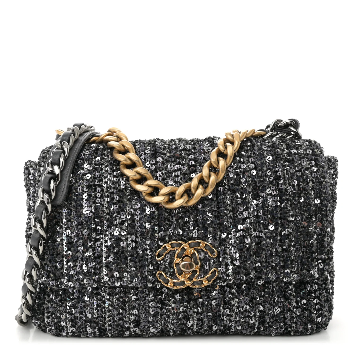 Tweed Sequin Quilted Medium Chanel 19 Flap Black Multicolor