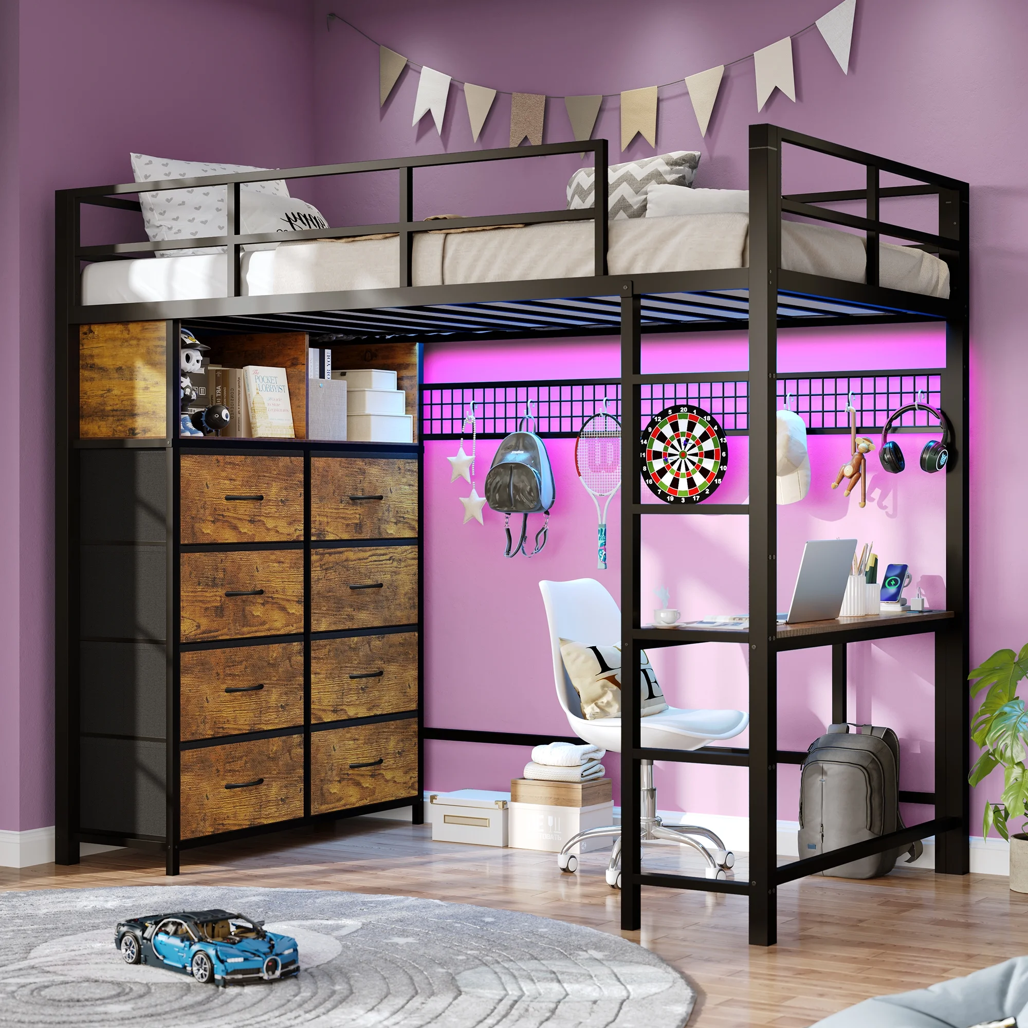 Twin Size Loft Bed with Desk and 8 Storage Drawers and Charging Station, Metal Loft Bed Twin with LED Lights, Storage Shelves, Black(Brown) - Image 2