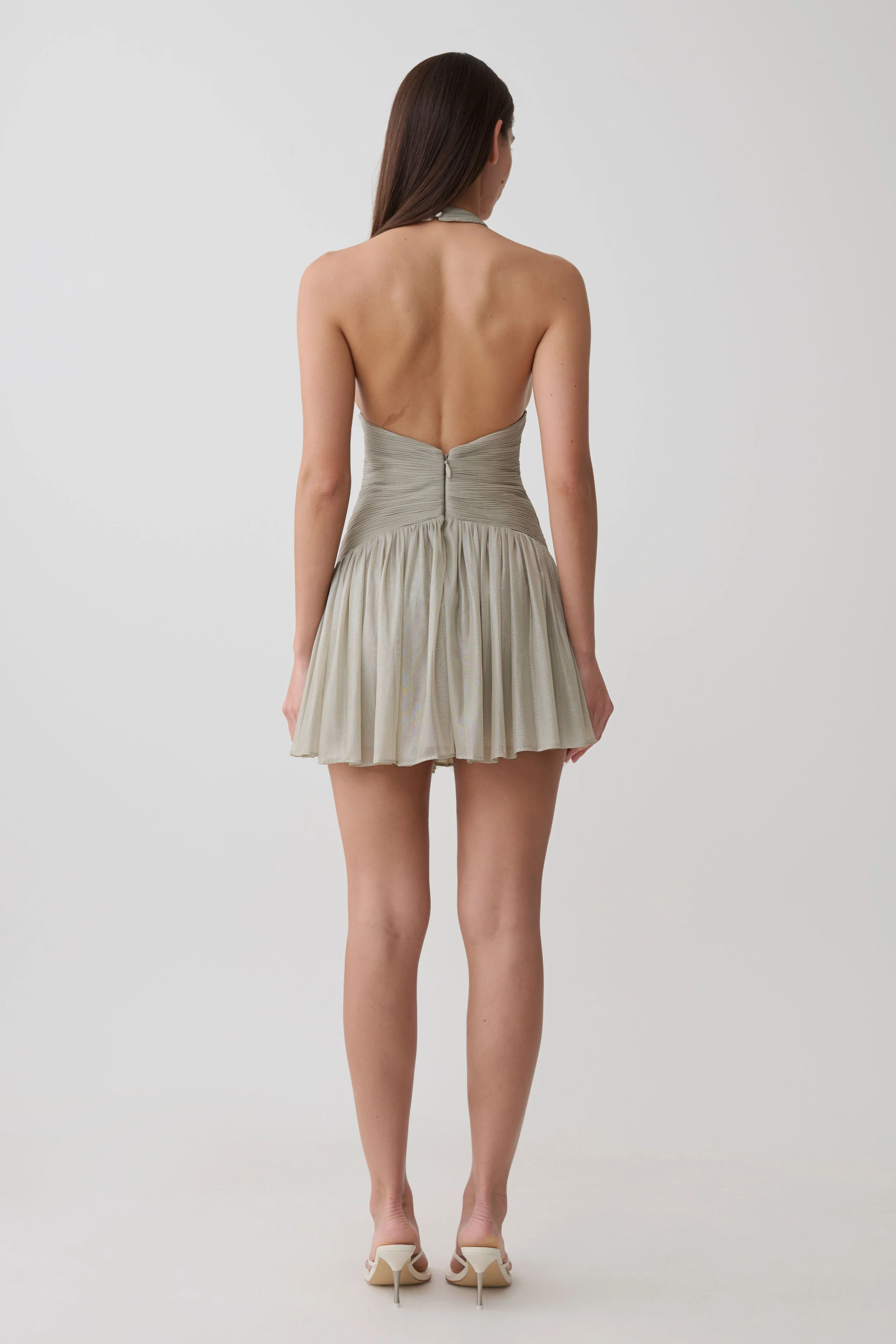 Lucille Halter Pleated Mini Dress - Silver