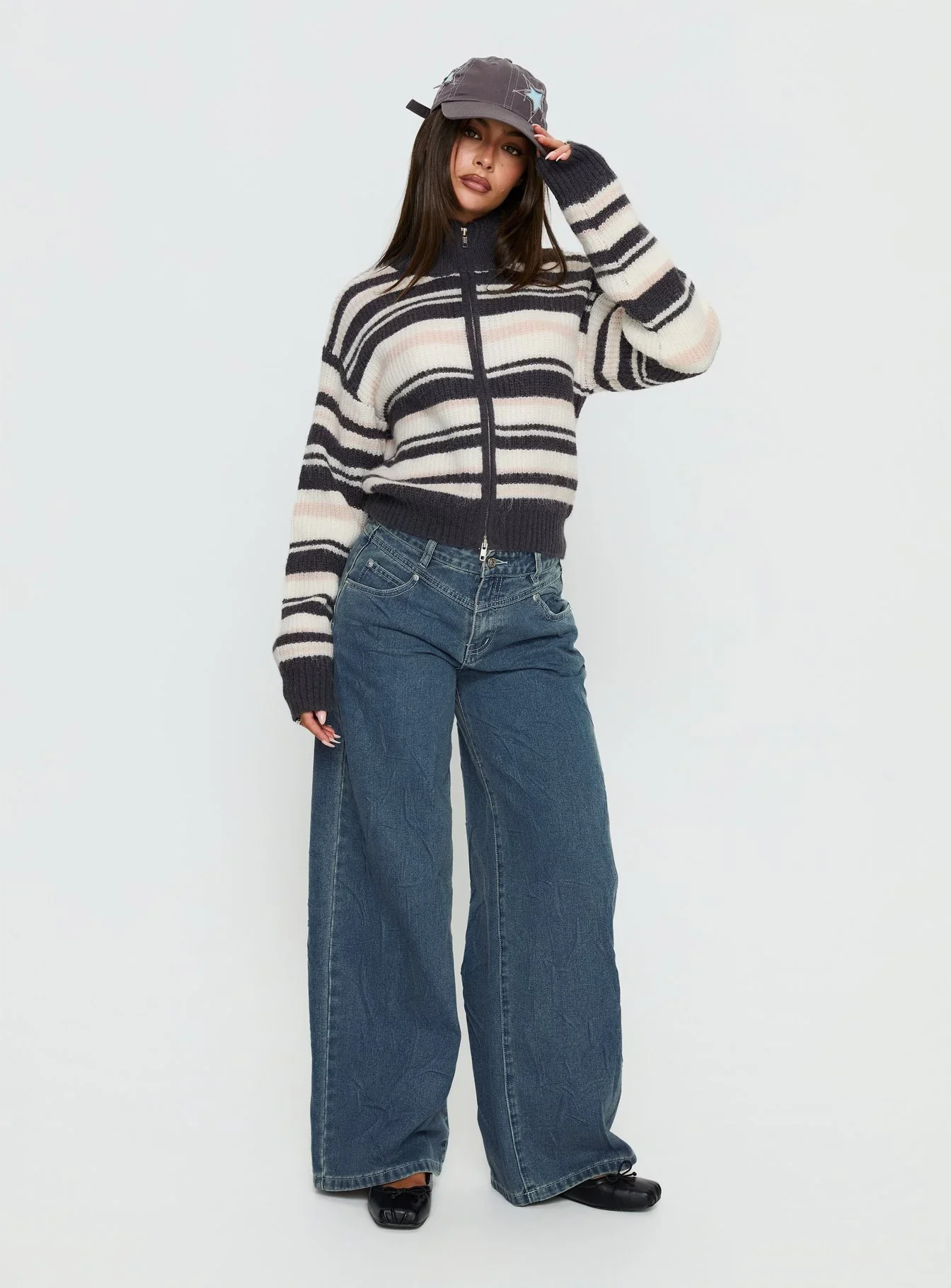 Tetra Zip Through Knit Sweater Pink Stripe