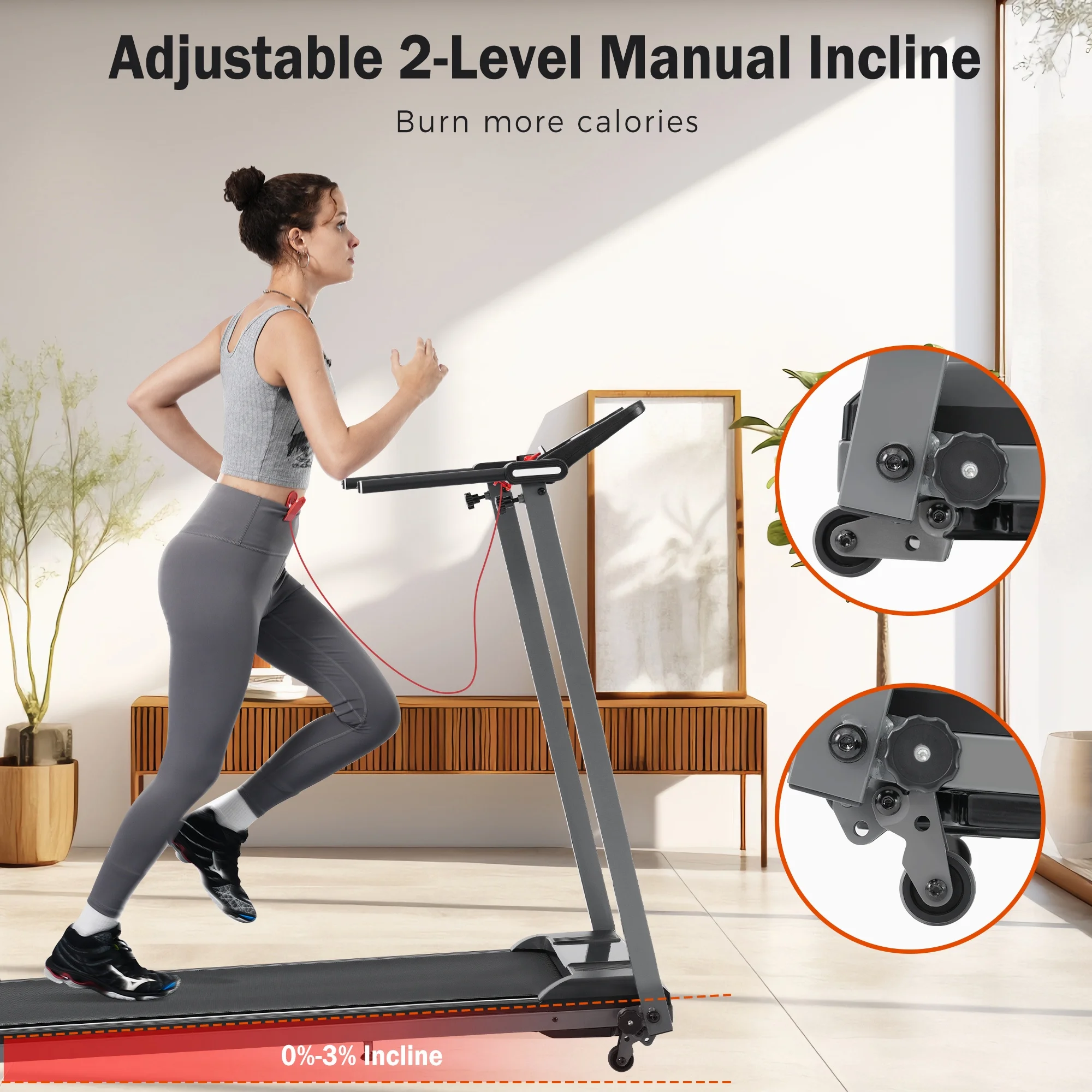 2.5HP Folding Treadmill with 7.5mph Speed, 265LBS Walking Exercise Treadmill with LED Display, 3-Level Incline and 12 Preset Program for Home Office - Image 7