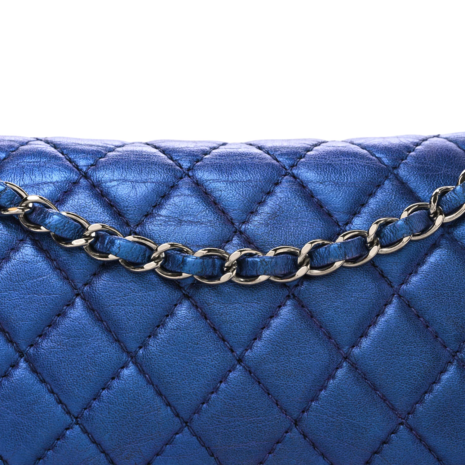 Metallic Lambskin Quilted Medium Double Flap Turquoise