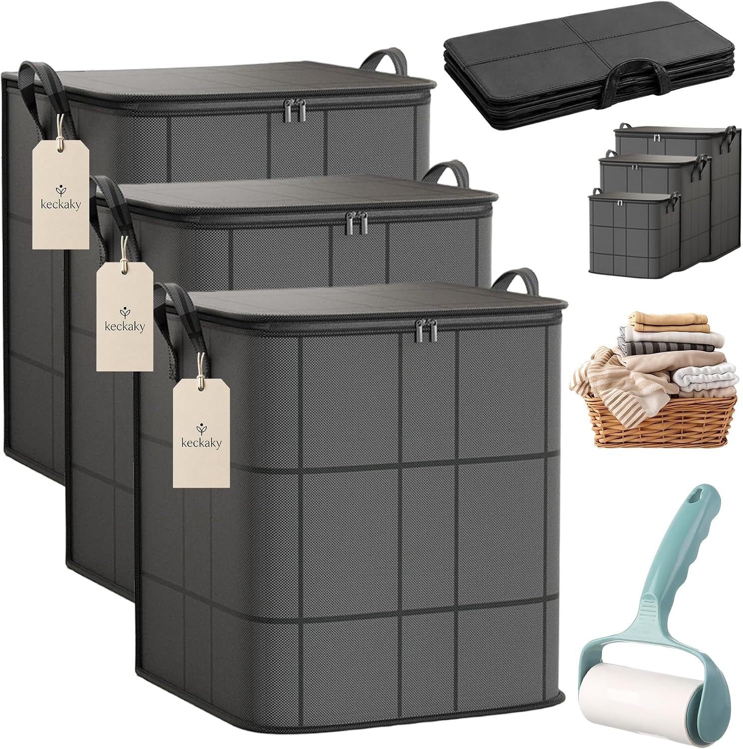 210L Spacious Moving Storage Bin, Large Zippered Fabric Organizer with Reinforced Handles, Foldable Blanket Storage Bag for Bedding, Clothes, Quilts, Comforters and Moving Day，3：L: 19.7x23.6 in