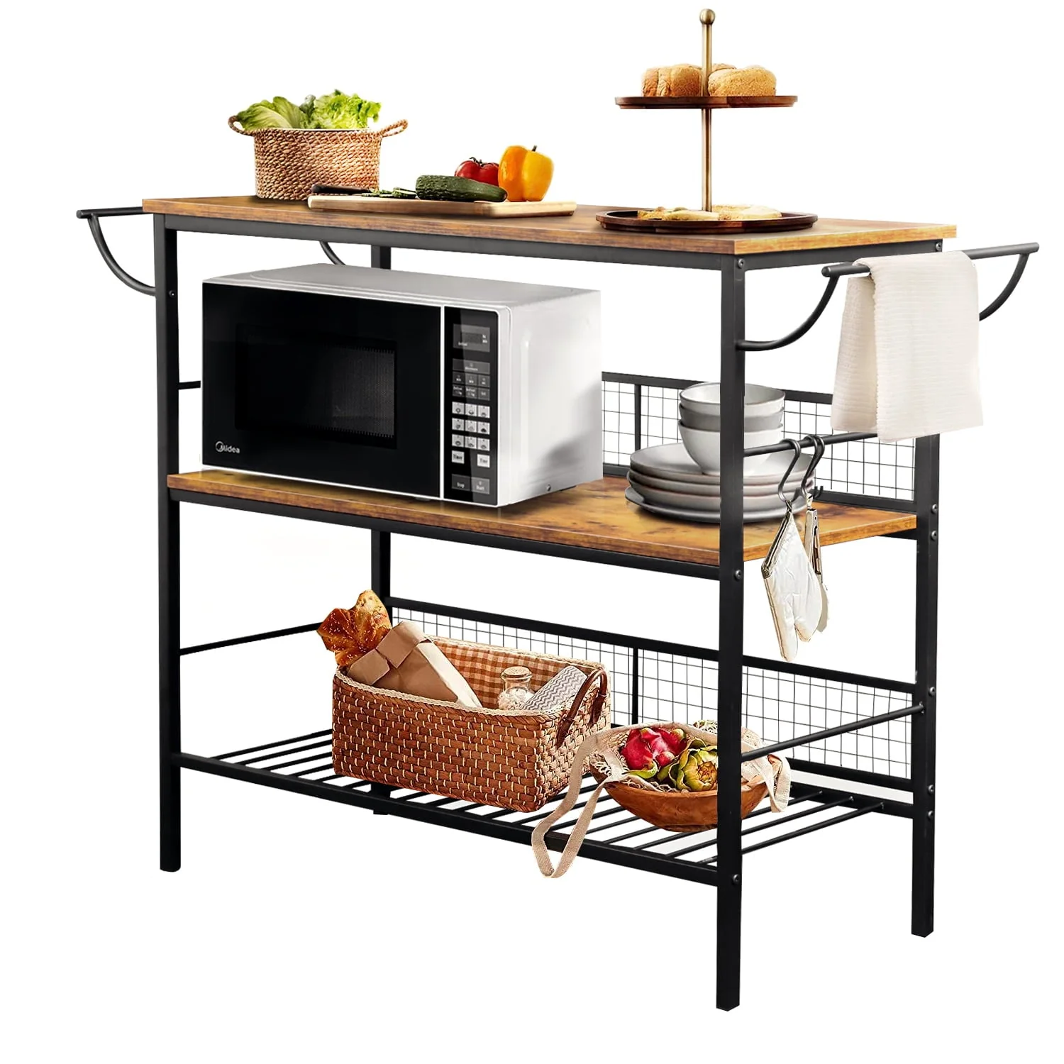 MONVANE 40"W Large Kitchen Iron Cart Island, 3 Tier Rolling Kitchen Rack Large Utility Mobile Wine Cart Storage Shelf Organizer Coffee Bar with Handle(Black/With handle)