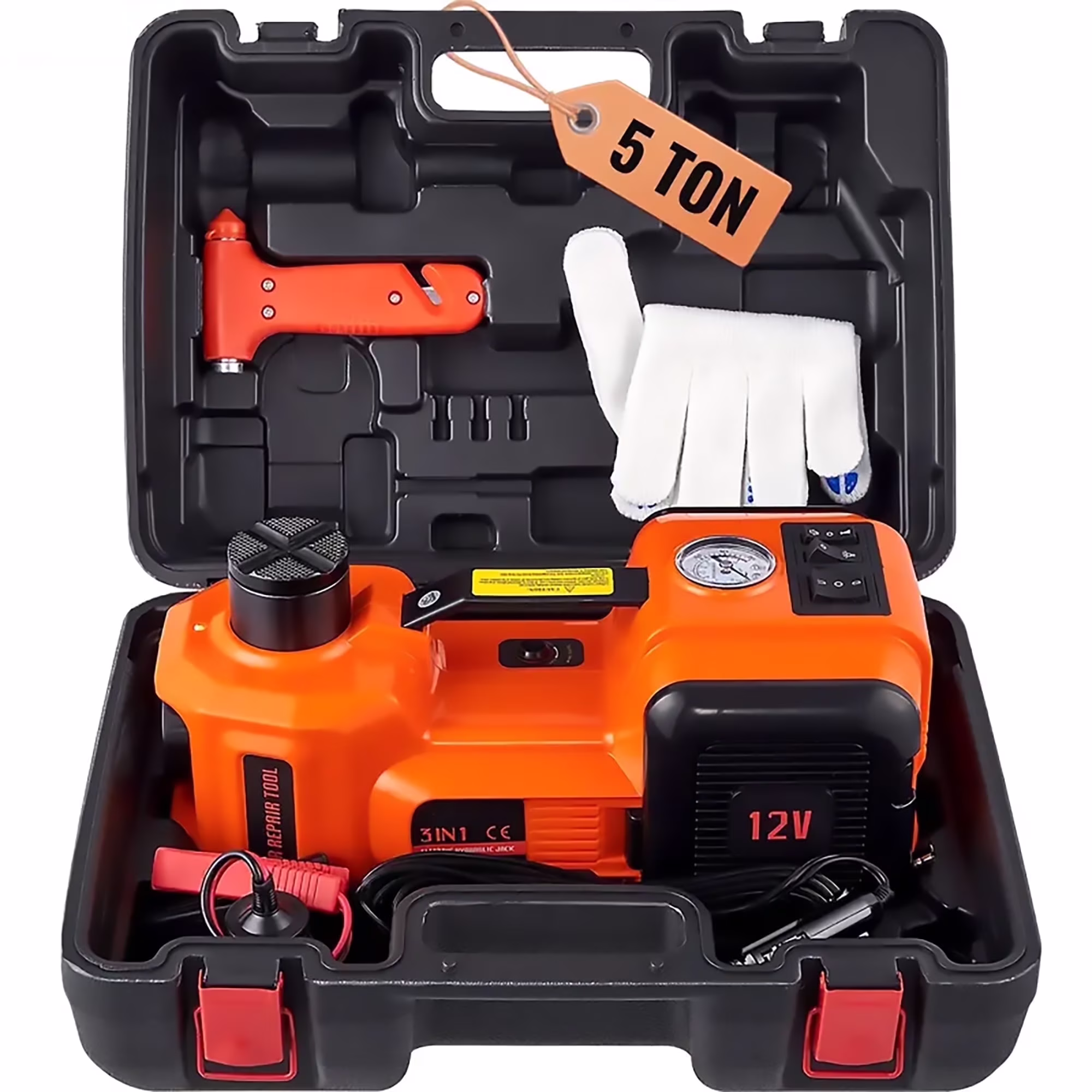 Electric Car Jack Lift with Air Compressor and Emergency Hammer 5 Ton/11023 lbs Hydraulic Jack for SUV Sedan Truck Change Tires Garage Repair(Orange)