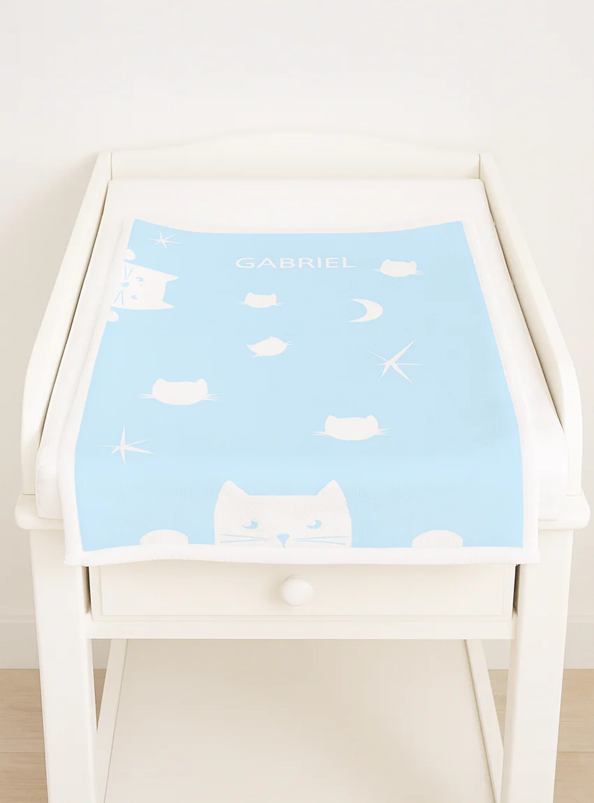 Plaid bébé motif chats en laine bleu