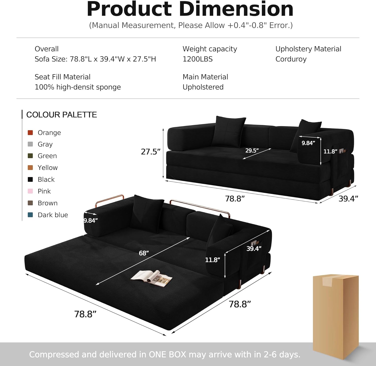 MoonSpeak 78.8''Sleeper Couch Bed for Livingroom，Convertible Modular Sofa with Armrest Pillow，Modular Fldable Corduroy Couches in a Box,No Assembly (Black)