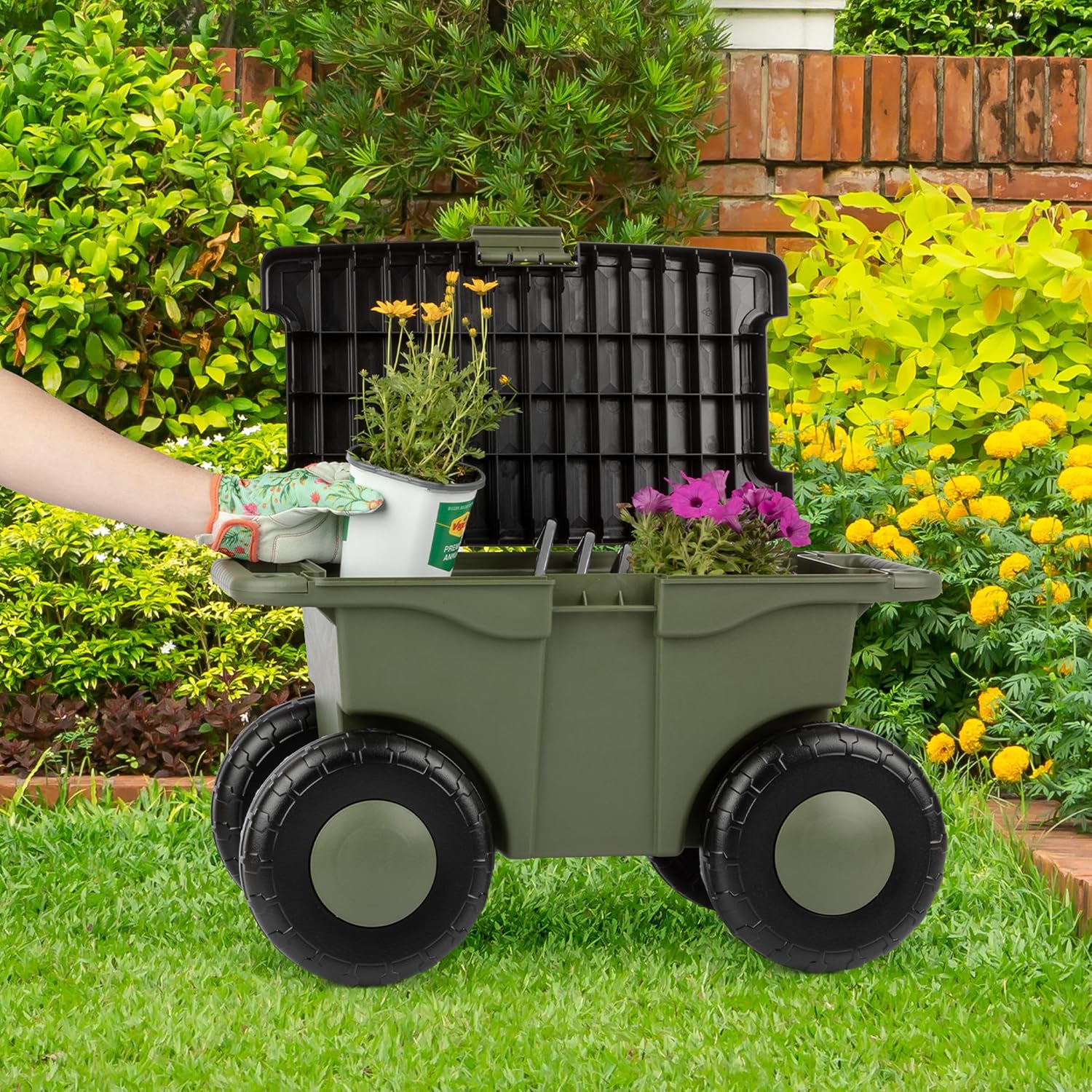 Pure Garden Rolling Garden Cart with Seat, Green