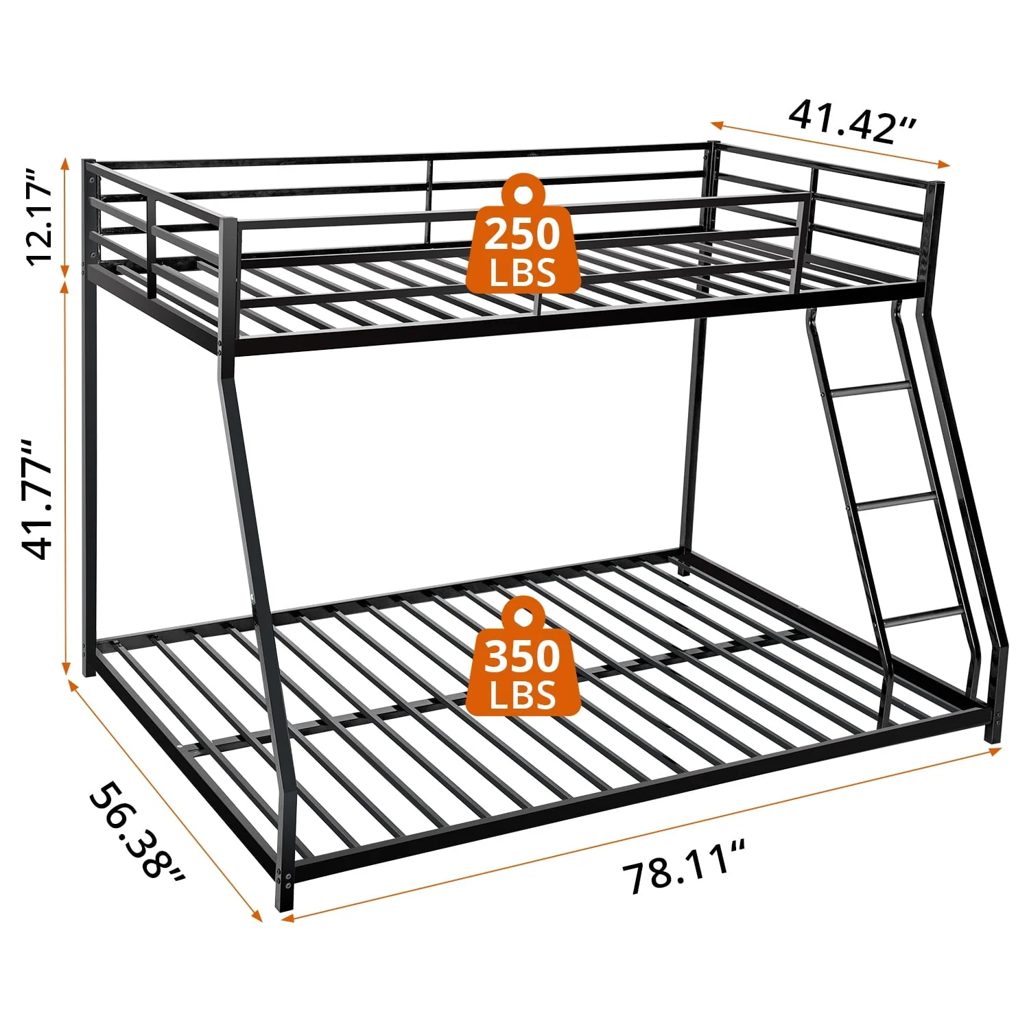 Twin over Full Bunk Bed, Metal Bunk Bed Frame, Noise Free Floor Bunk Beds with Guardrails Ladder for Kids Teens Adults, No Box Spring Needed, Black - Image 2