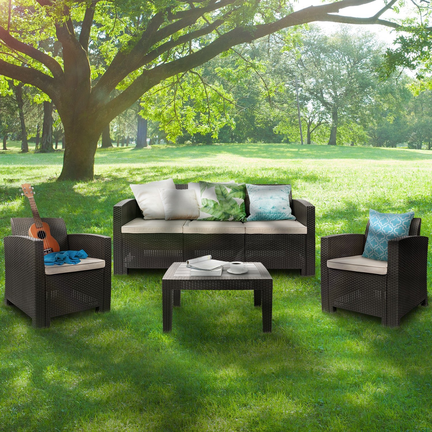 Ensemble de conversation de patio résistant aux intempéries et aux UV, canapé et fauteuil en rotin PE tressé, pour une utilisation extérieure et intérieure dans la cour, le porche, le jardin et au bord de la piscine.