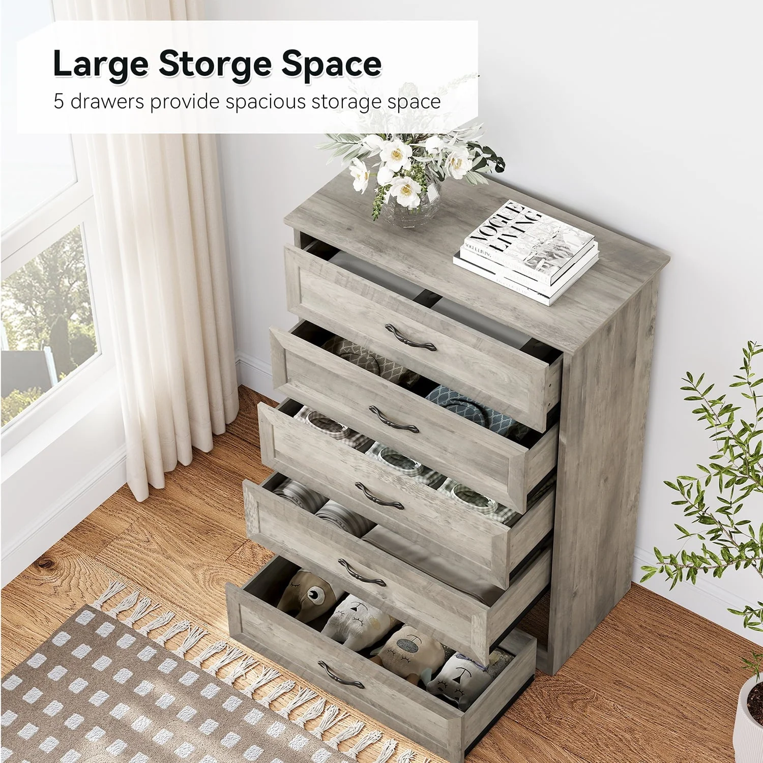 Dresser for Bedroom with 5 Drawers, Tall Wood Drawer Dresser Chest of Drawers for Closet, Living Room, Hallway, Nursery, Kids Bedroom, Grey(5 Drawers chest) - Image 6