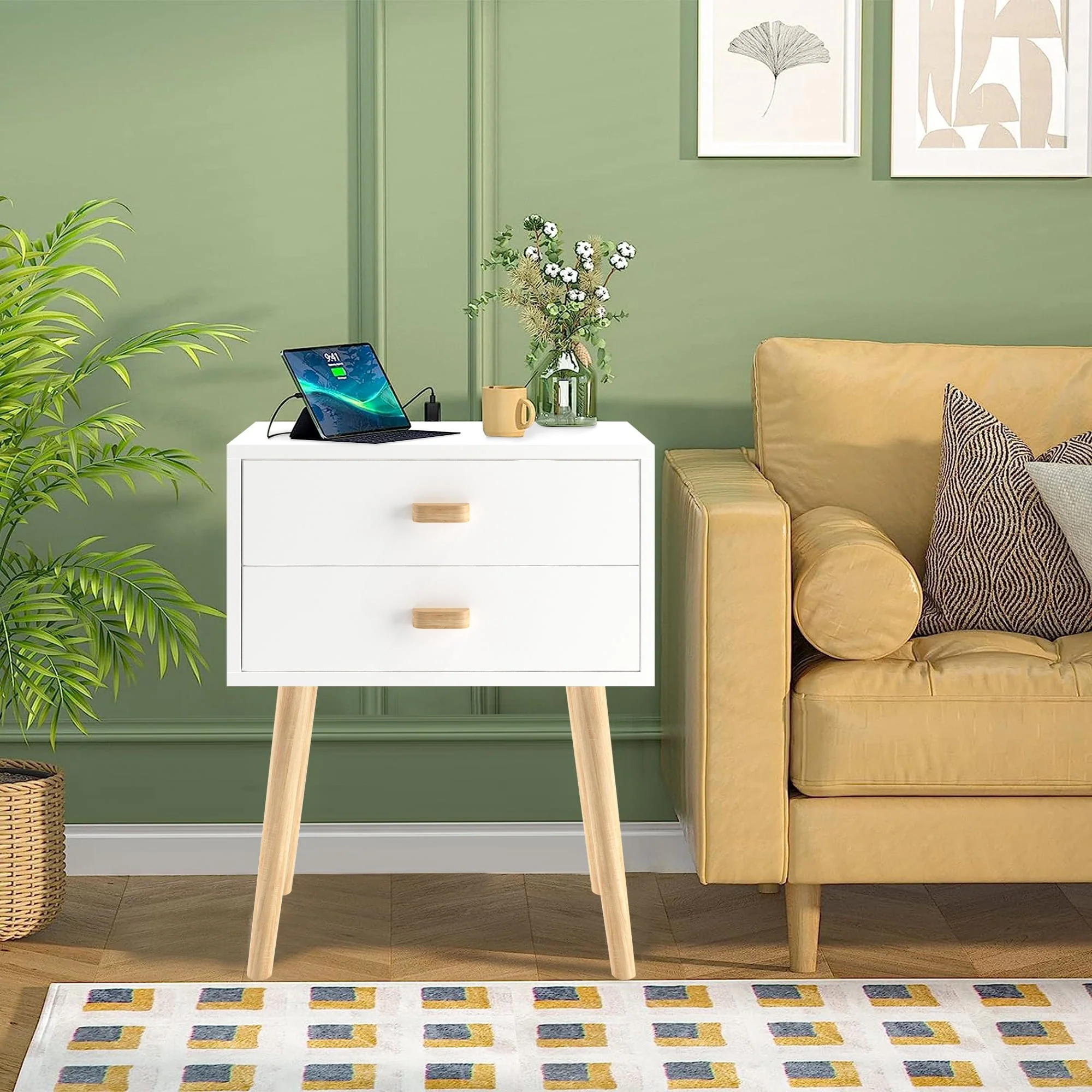 Nightstand Set of 2, Bedroom Bedside Table with 2 Drawer Storage Shelf, Simple Modern Night Stand End Table with Wood Handle, Easy assembly, Suitable for Living Room Bedroom Furniture, White(Style 1#White) Image 7