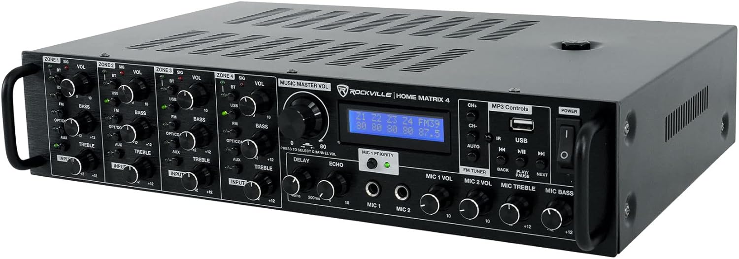 Rockville Home Matrix 4 600W Multi Room Receiver/Amplifier  8-Channel (4 Zones)  Bluetooth  USB  Optical  Coaxial  RCA  Mic Inputs