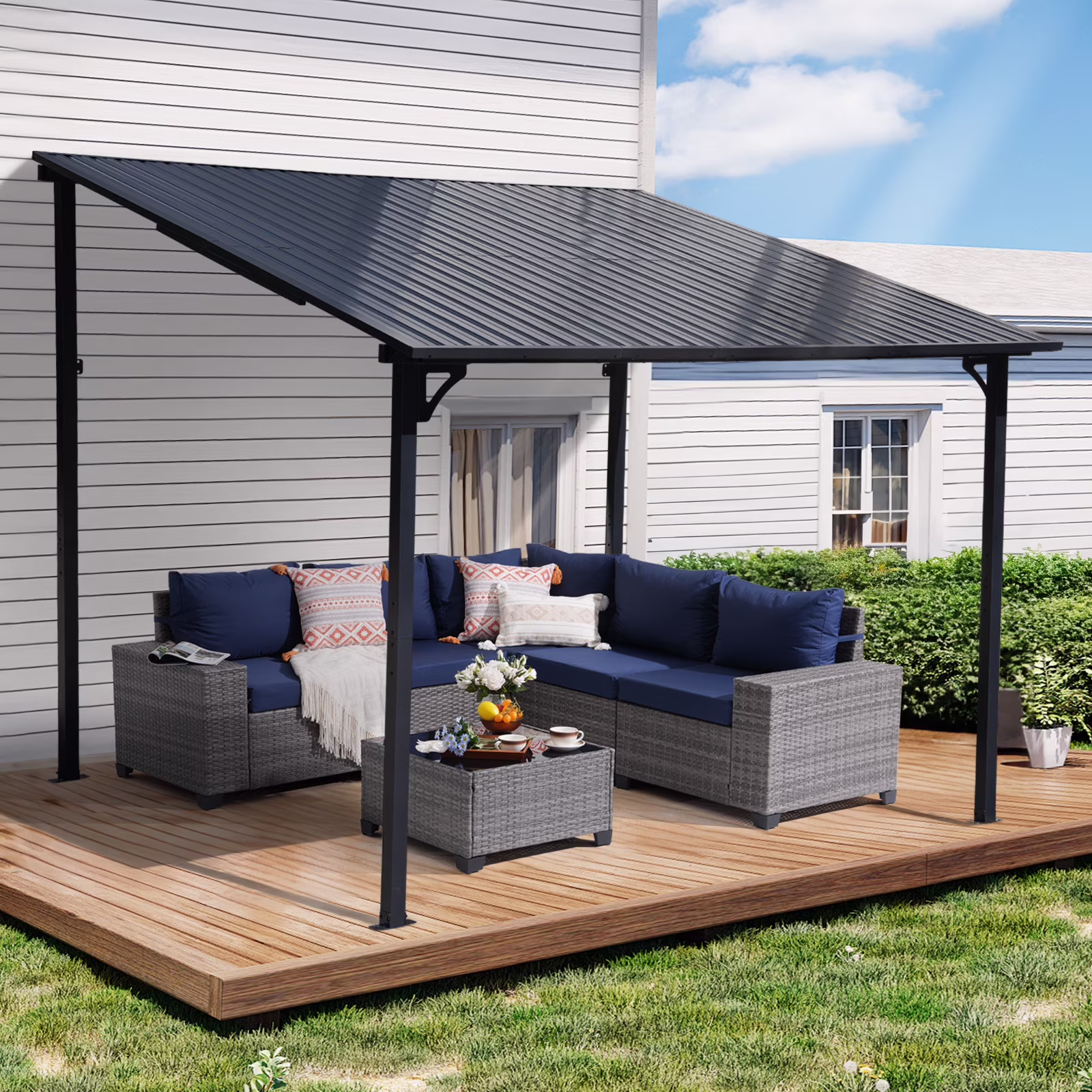 8' x 10' Outdoor Lean to Gazebo, Hardtop Wall Mounted Gazebo with Sloping Roof, Awnings for Patio with All-Iron Frame, Pergolas for Patio, Backyard, Deck(8' x 10')