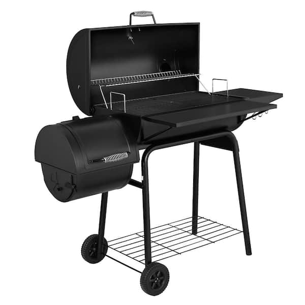 Charcoal Grill in Black with Offset Smoker and Side Table