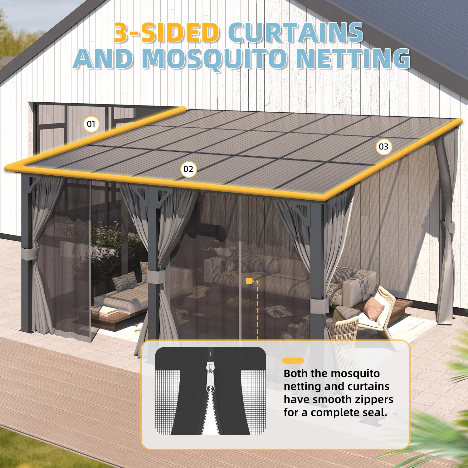 AECOJOY 14'x12' Wall Gazebo with Curtains and Mosquito Netting, Gray