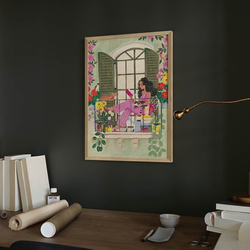 Caroline Bonne Müller poster 30x40 cm woman reads on balcony with cats