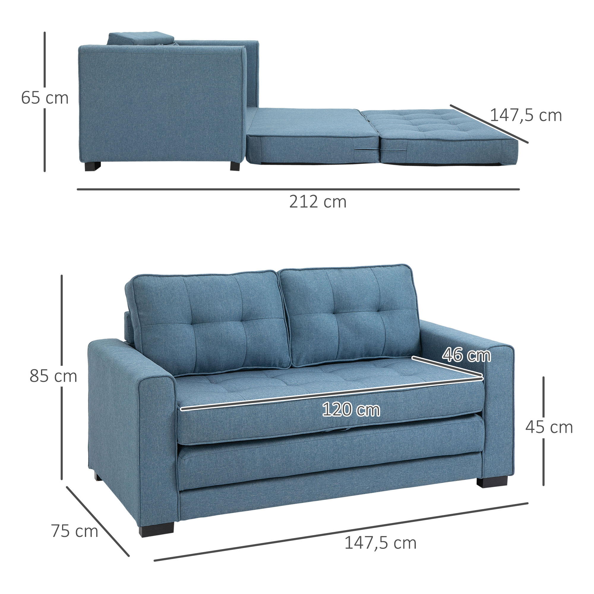 HOMCOM slaapbank, opklapbare sofa 2-zits, stoffen slaapbank, sofa met slaapfunctie, linnen touch, rubber hout, blauw, 147.5 x 75 x 85 cm