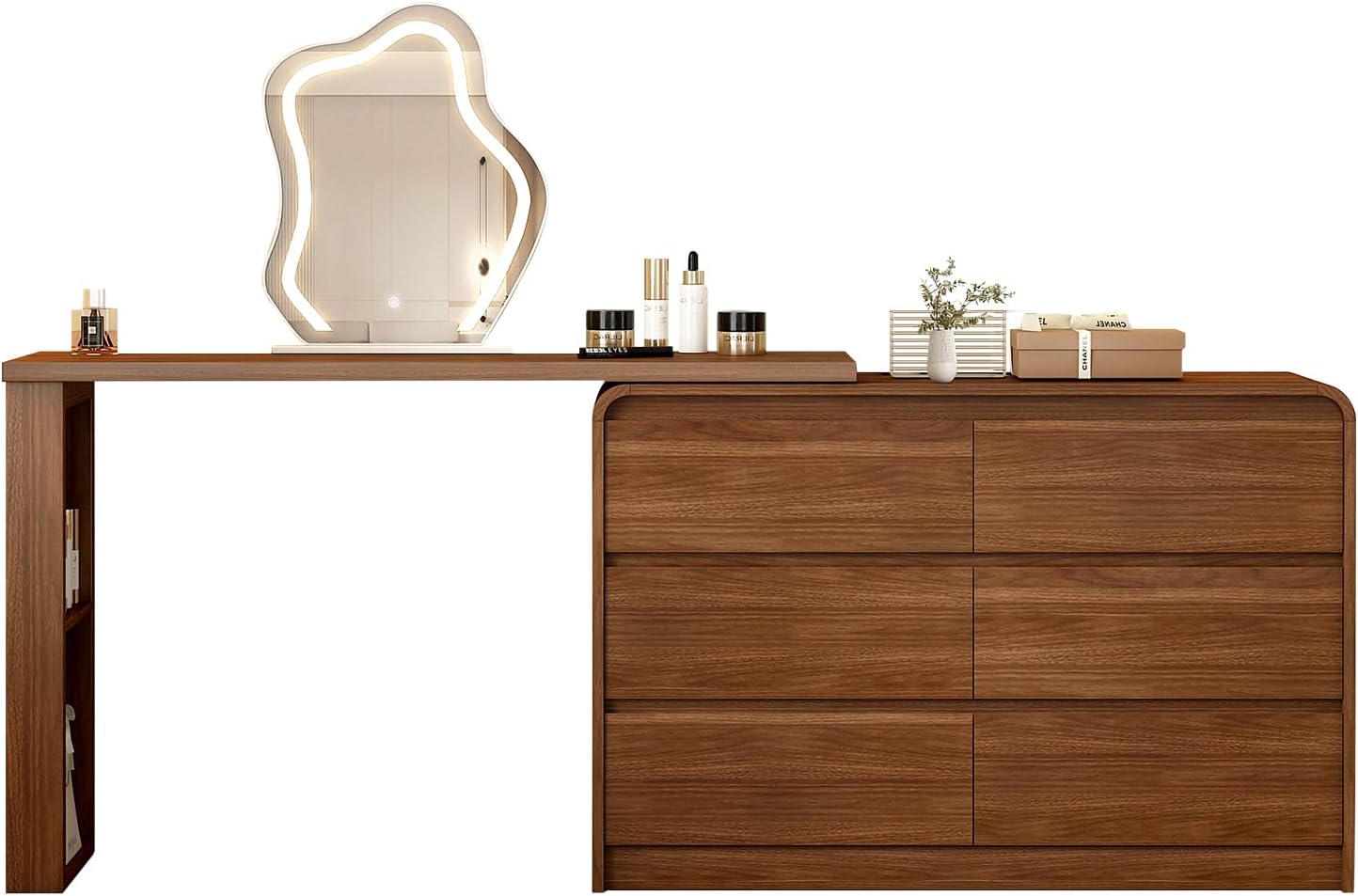 Vanity Desk with Mirror and Lights, Vintage 6 Drawer Makeup Dresser Desk Combo for Women with 50-90 in Adjustable Sturdy L-Shape Makeup Table, Vanity Dresser Combo for Bedroom, Without Stool, Walnut