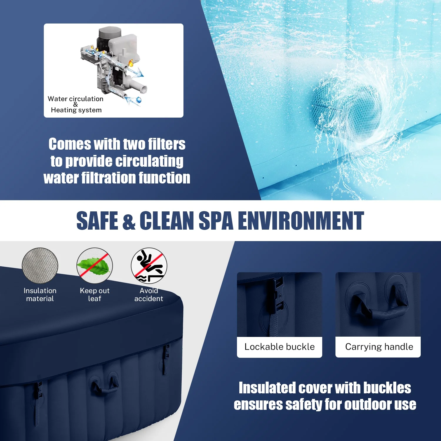 Hot Tub for 4-6 Person, Outdoor Patio Large Inflatable Hot Tub Home SPA, with 130pcs Massage Jets, 910L, 4 Filters, 2 Cup Holders, Lockable Cover, Storage Bag, Max 104�H, 73in, Navy(Navy) - Image 6