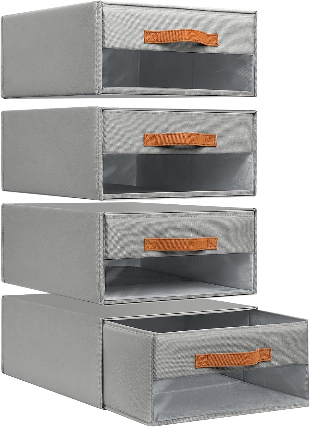 DIMJ Closet Organizers and Storage - Fabric Bins with Drawers for Closet, Foldable Clothes Organizers with Clear Window, Stackable Storage Drawer Units for Bedroom, Living Room, 4-Pack, Grey