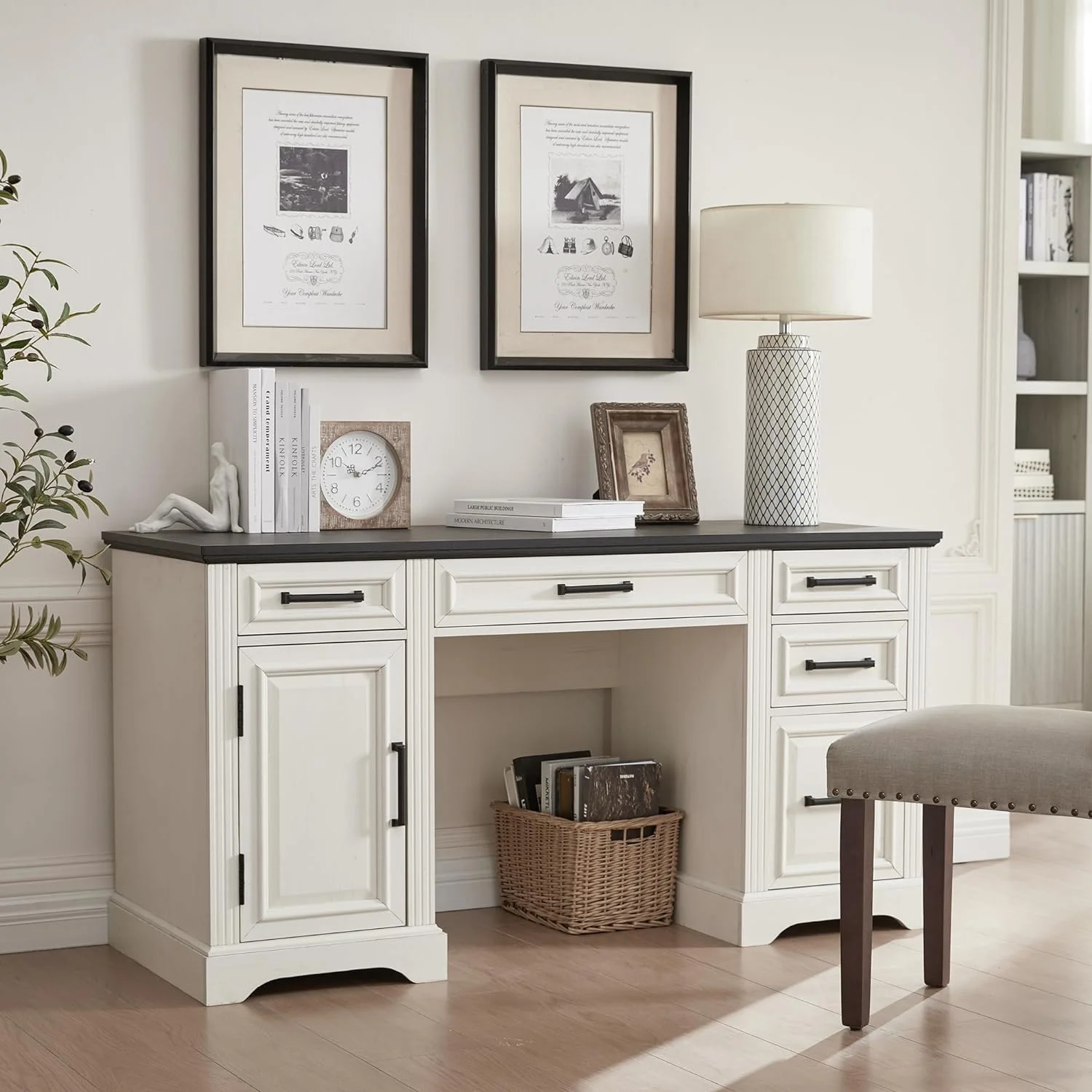 Farmhouse Wood 58" Executive Desk, Home Office 30" High Computer Desk with Drawers and Storage Cabinet, White(White) - Image 6