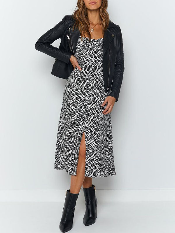 Robe fendue imprimée à col carré sexy
