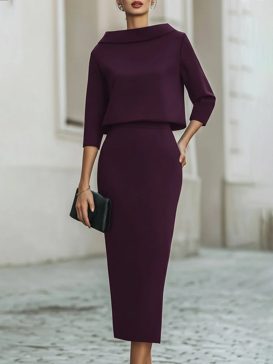 Ensemble Haut Col Bateau et Jupe Midi pour Femme