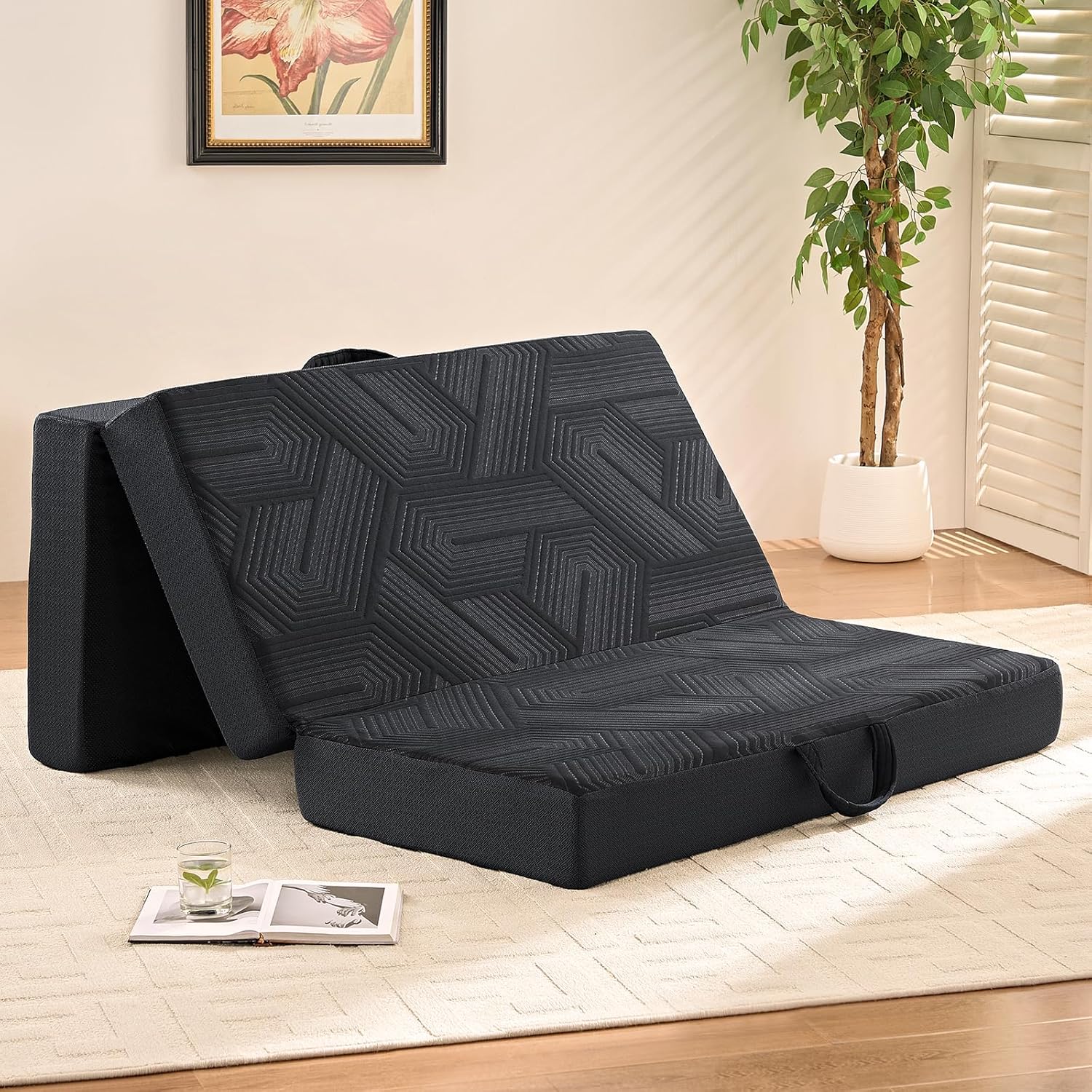 Trifold Mattress, 6 Inch Memory Foam Tri-Fold Mattress Queen Size, Foldable Sofa Bed with Washable Cover, Handles and Non-Slip Bottom for Yoga, Living Room, Camping, 78