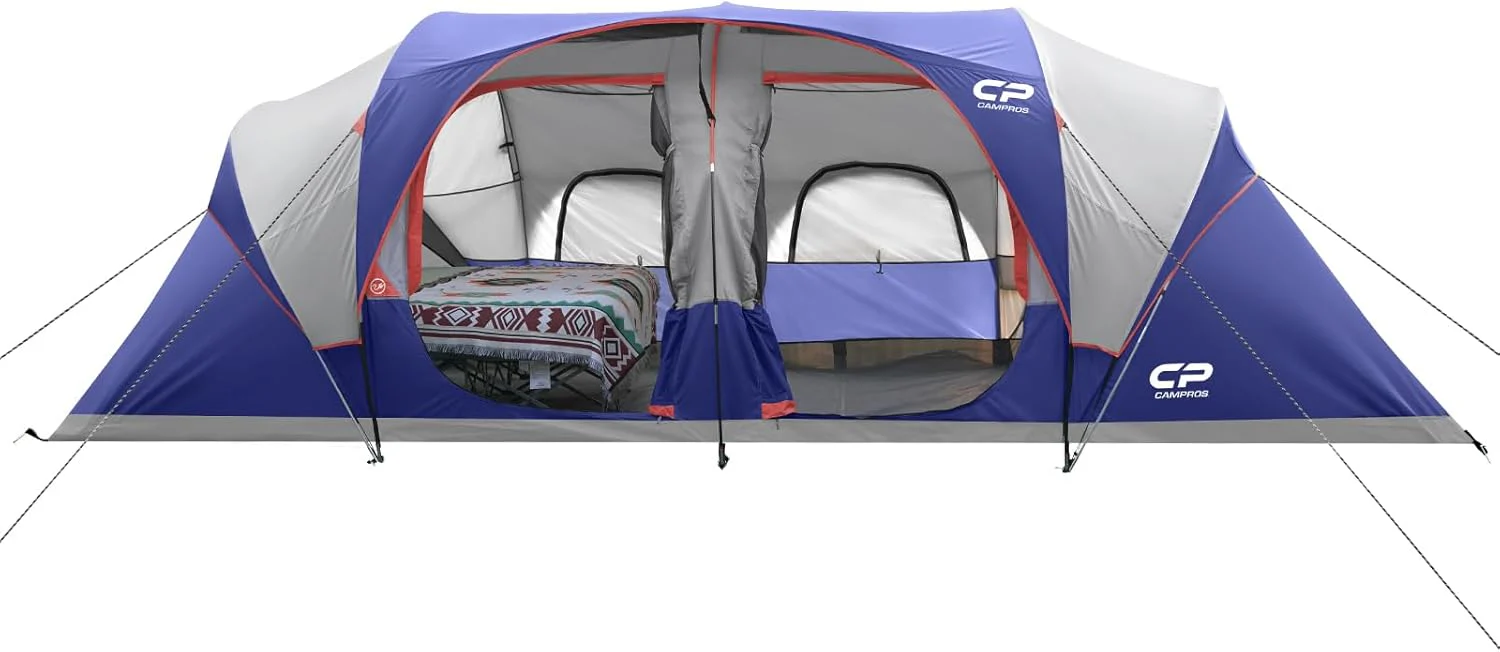 CAMPROS CP Tente 12 personnes, tente familiale 3 pièces, imperméable et coupe-vent avec double-toit, 6 grandes fenêtres en maille, double paroi, montage facile, portable avec sac de transport - 6,10 m x 2,74 m x 183 cm (H)