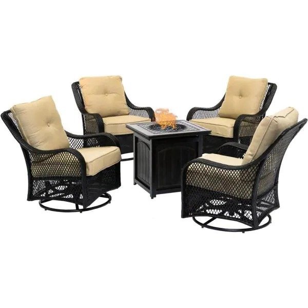 💥Liquidation🔥Ensemble de conversation 5 pièces en acier avec foyer extérieur, coussins bleu marine, fauteuils pivotants et table de foyer carrée