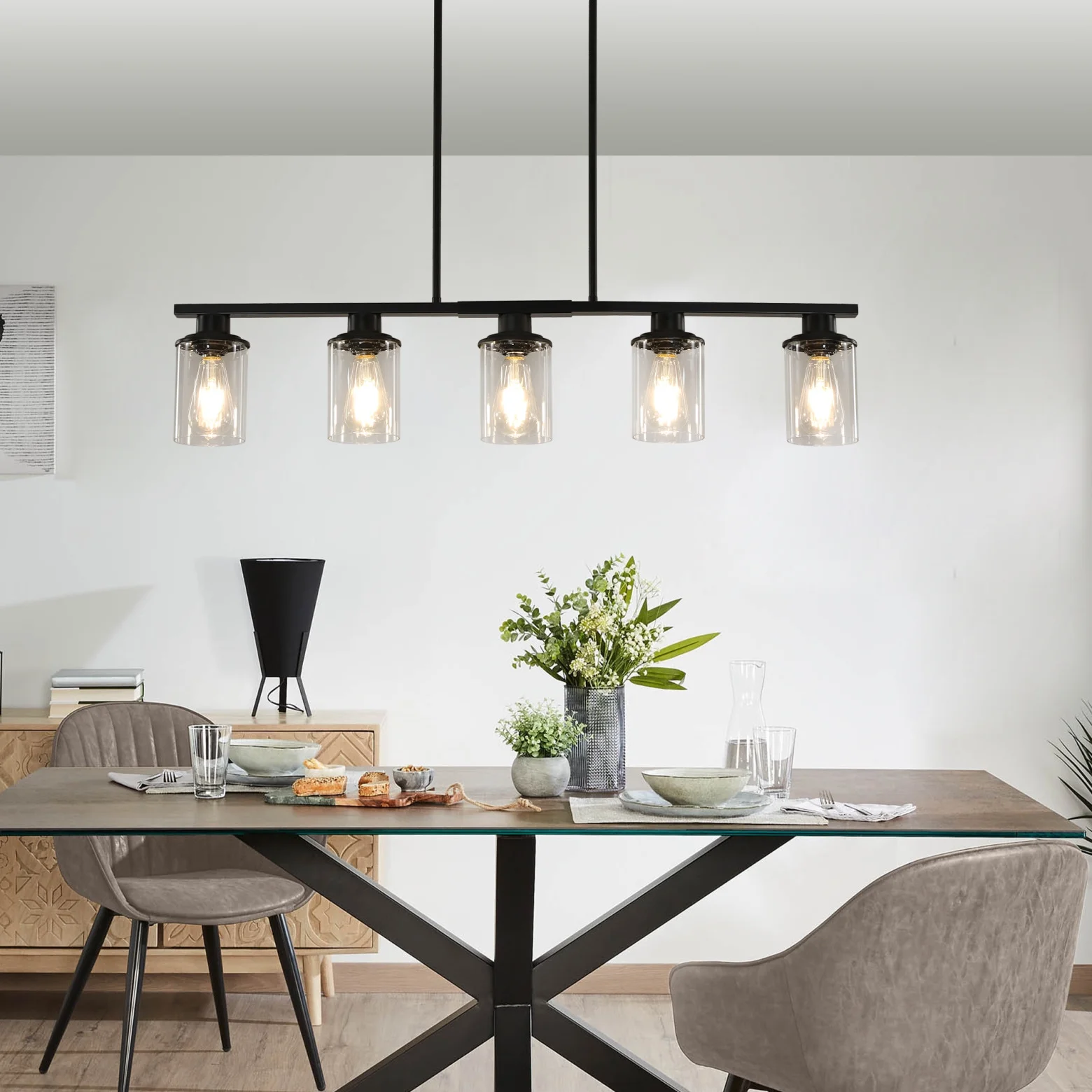 5-Light Kitchen Island Pendant Light, Farmhouse Industrial Chandeliers with Two Metal Rod Supports, Rectangular Island Lights for Kitchen, Living Room, Walnut/Black