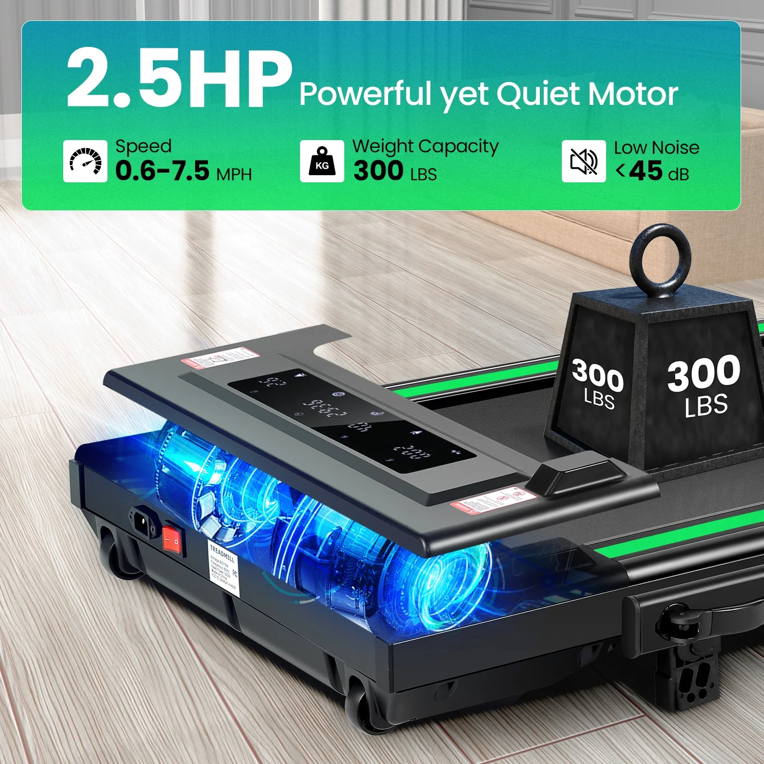 2 in 1 Walking Pad Treadmill with Incline, 2.5HP Under Desk Treadmill with Handle Remote Control LED Touch Screen for Home Office Workout, 300lbs Weight Capacity Black Green(A-98-G) - Image 2