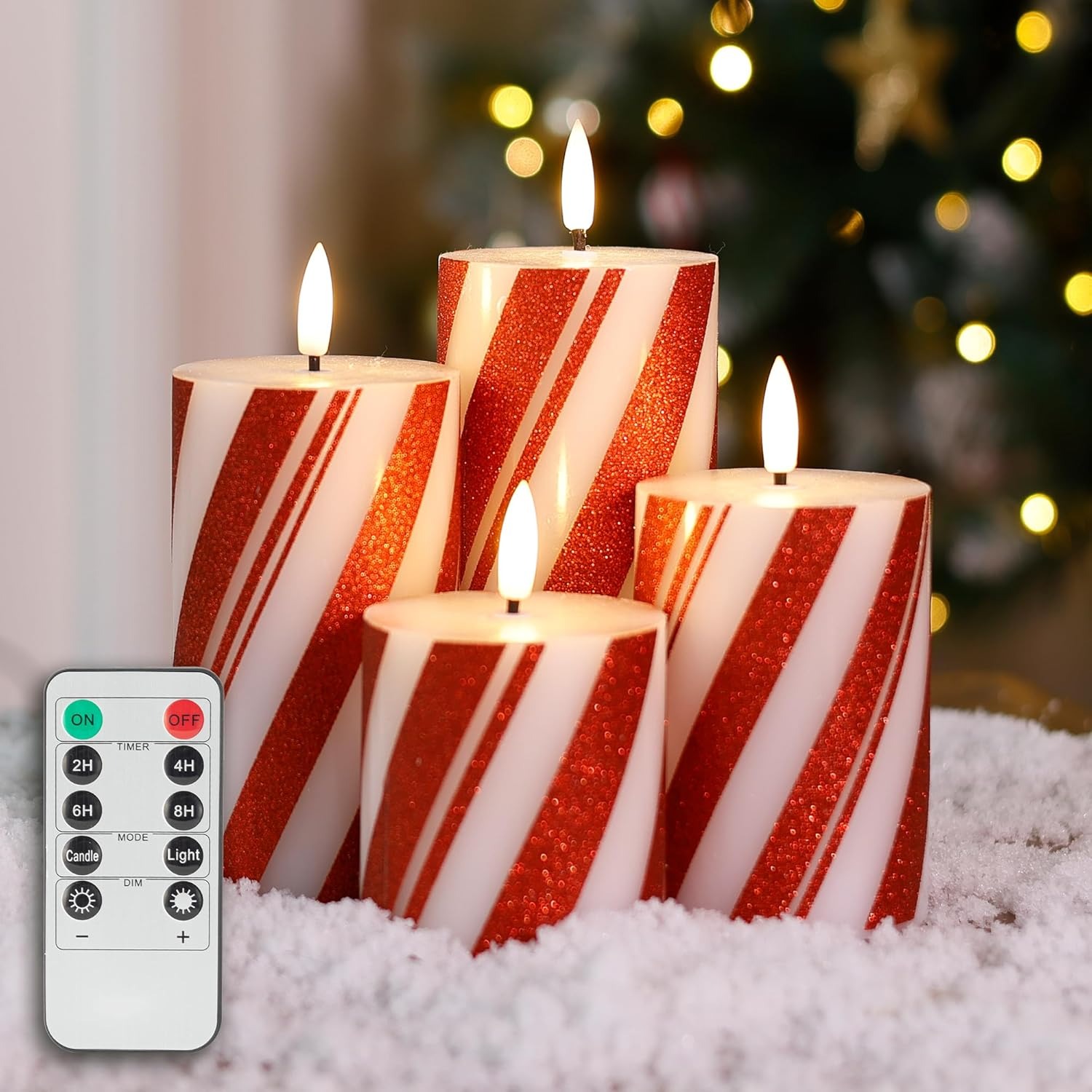 Red Striped Flameless Pillar Real Wax LED Candy Cane Candles with Remote Set of 4