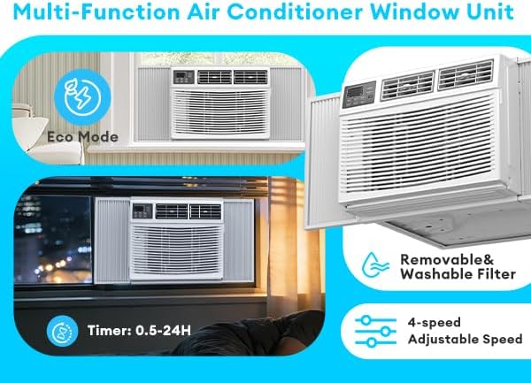 8,000 BTU Smart Window Air Conditioner with Heater, 4-in-1 Unit Cools Rooms up to 350 Sq.Ft, APP & Remote Control, Dehumidifier & Fan Mode, Easy Install Kit Included