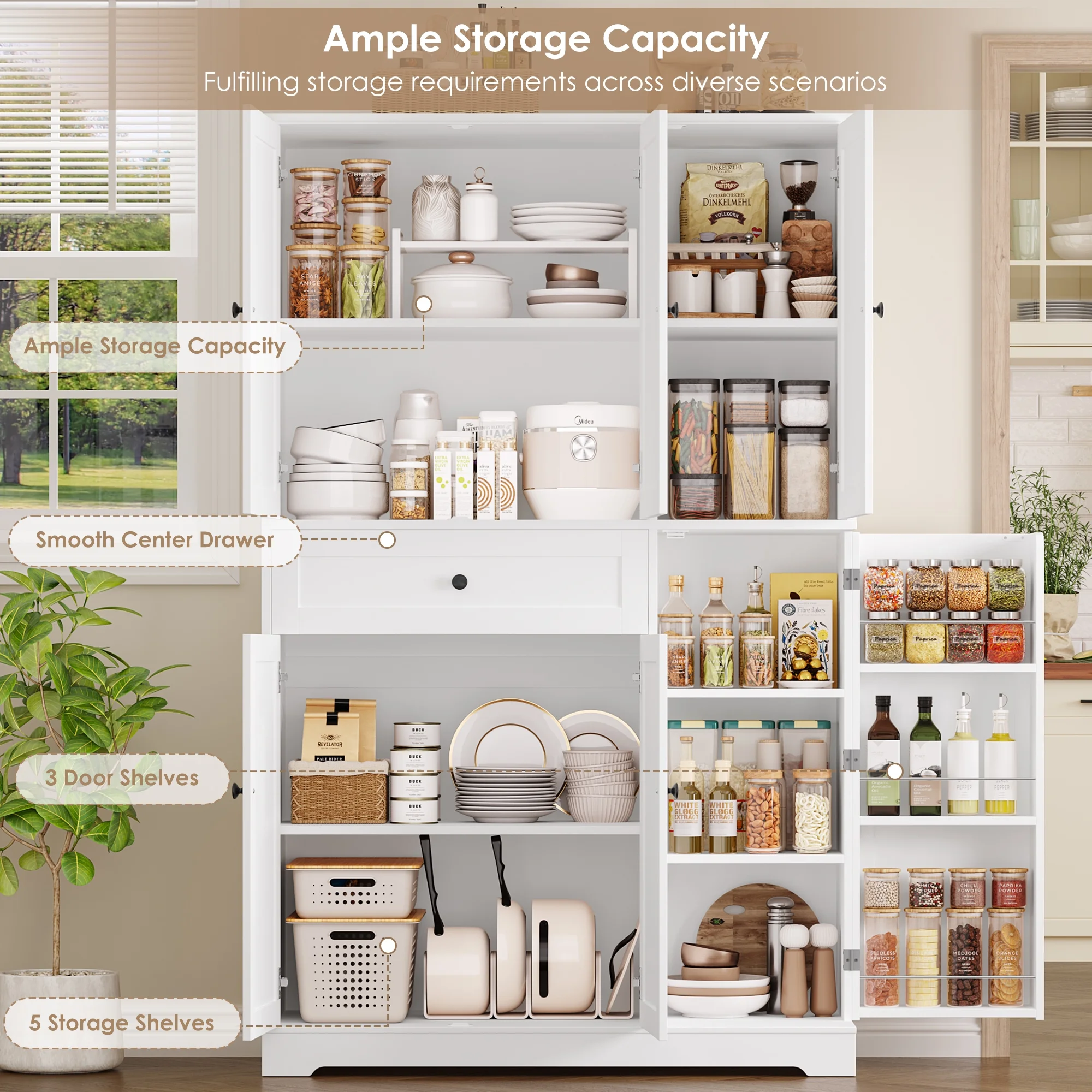 Kitchen Pantry Storage Cabinet, 68" Food Pantry Cabinet with Drawer and Door Shelf, 6 Door Freestanding Cupboard Buffet for Dining Room, White(White) - Image 2
