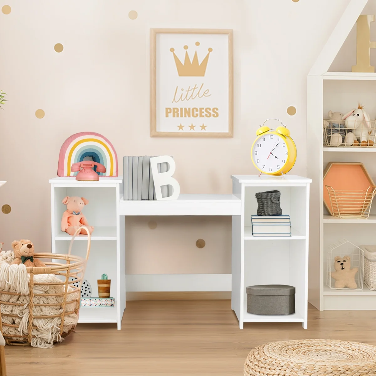 Vanity Table Set Makeup Dressing Kids Girls Study Table Tri Folding Mirror White(White) Image 5