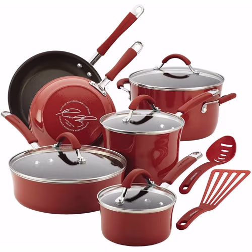 12-Piece Cucina Nonstick Pots and Pans Set, Cookware, Set Cranberry(Cranberry Red)