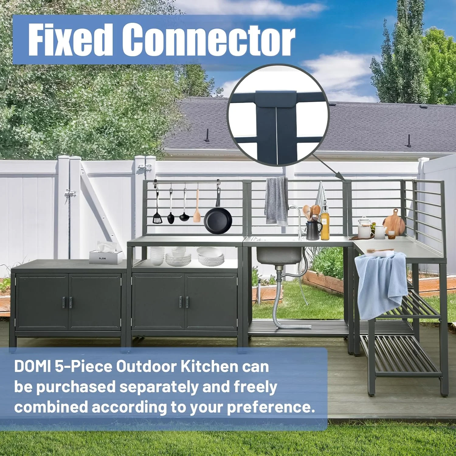 Outdoor Kitchen Series 5-Piece Modular Outdoor Kitchen, Aluminum Storage Islands Sink Table, Corner Bar Cabinet Grill Storage Cabinet with Protective Cover, Outdoor Kitchen for Deck, Patio, Backy(5-Pieces Set) - Image 6