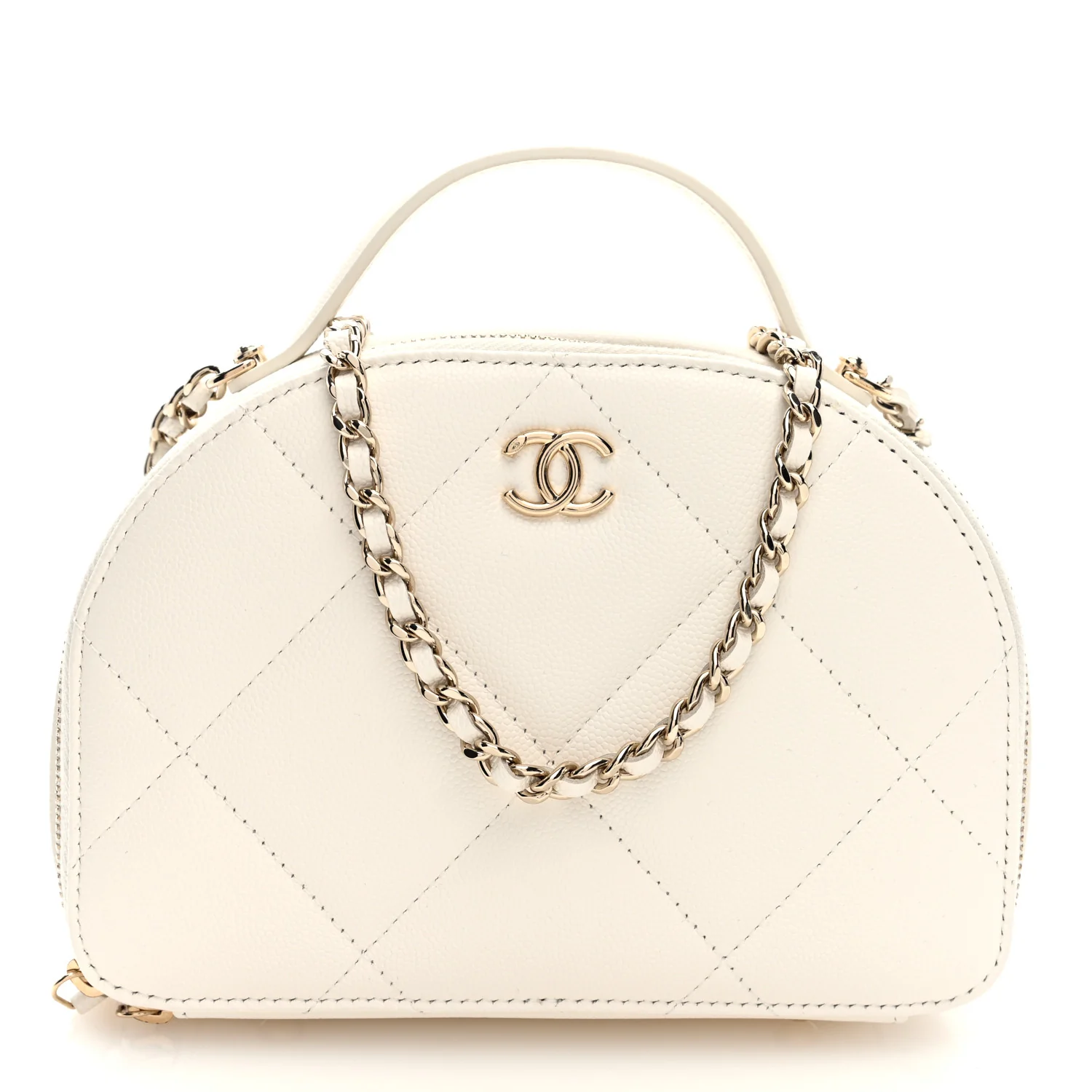Grained Calfskin Quilted Top Handle Chain Clutch White