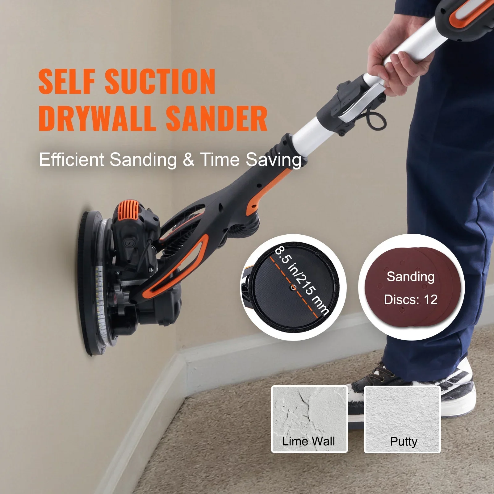 Drywall Sander 900W Brush Motor 800-1800RPM Variable Speed & Self-Suction