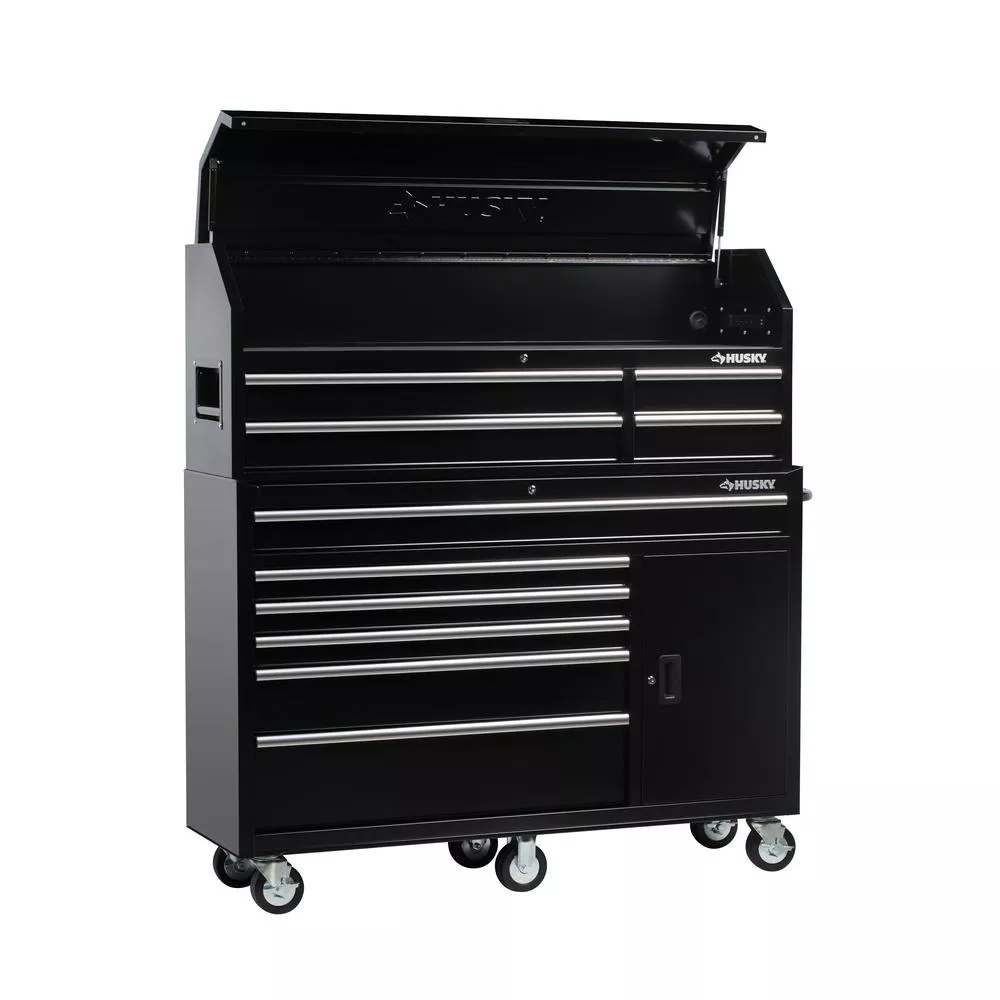 Coffre à outils et armoire à roulettes combinés, 10 tiroirs et 1 porte, 155 cm de largeur, noir brillant