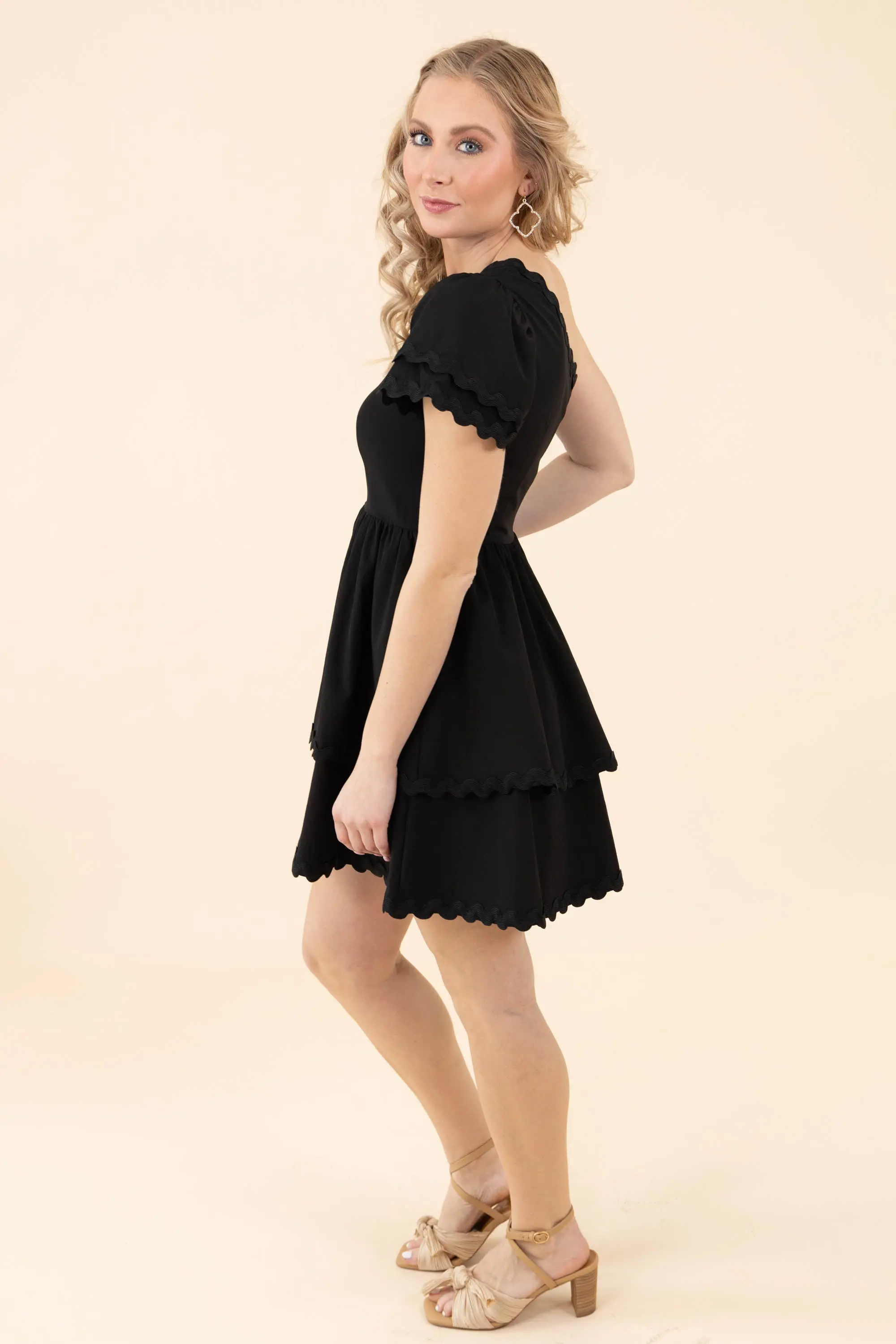 Flirty Noir Fantasy Tiered One Shoulder Mini Black Dress