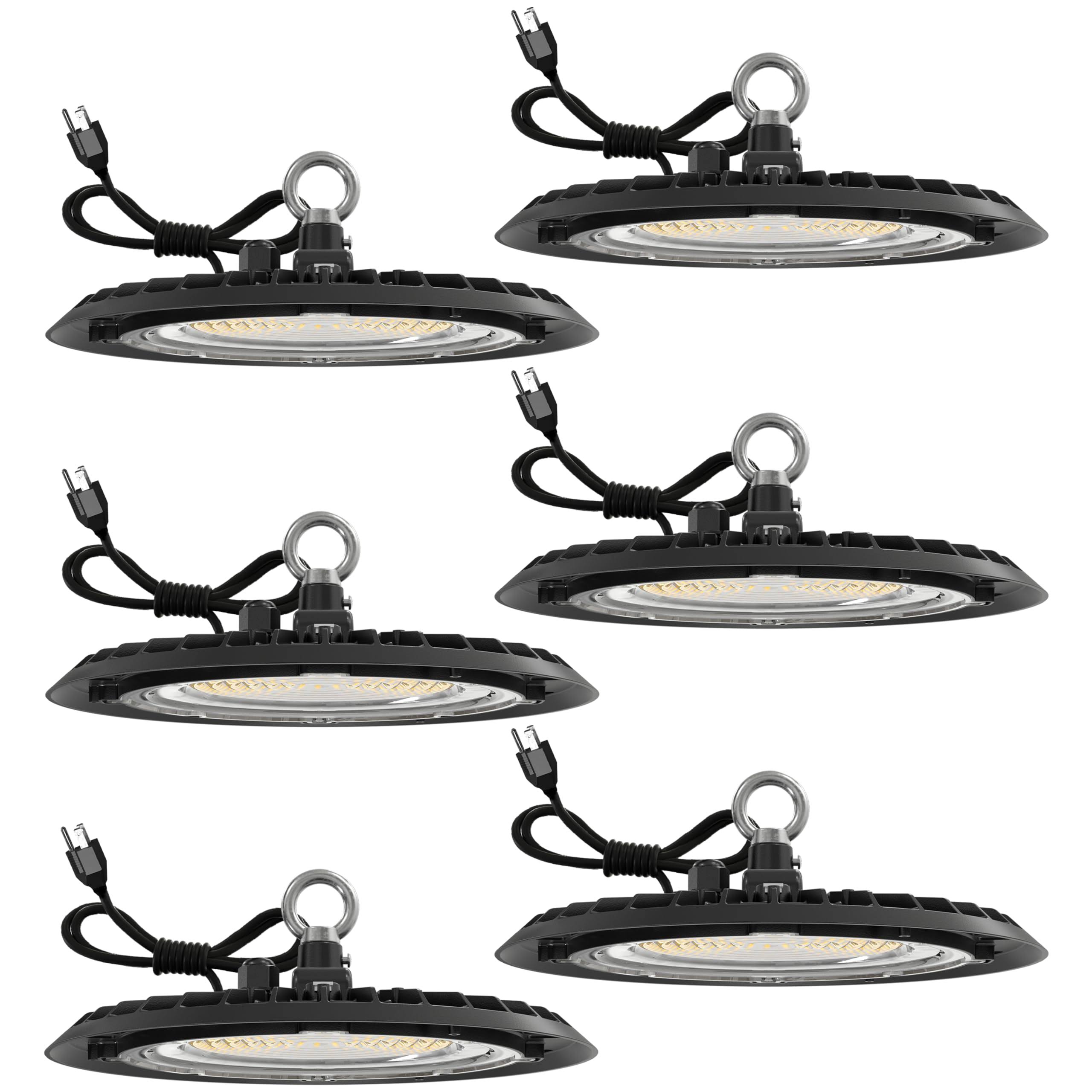 Sunco Lighting 6 Pack Ufo LED High Bay Light, Plug & Play Lighting for Warehouse, 5000K Daylight, 150W, Power Cord Included, 19500 lm, 120VAC, IP65