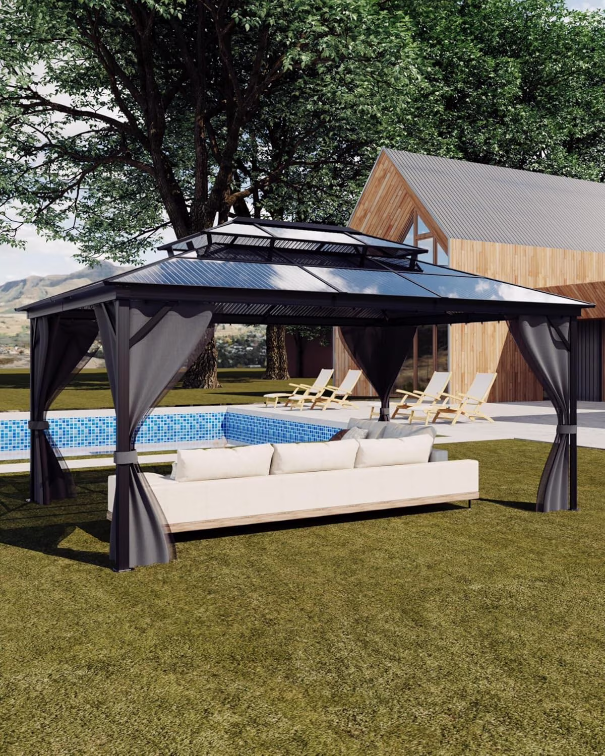 WALYWIK Hardtop Gazebo 12FT*16FT for All Weather, Double Polycarbonate Sheet Roof, Aluminum Frame, Net and Curtains, Permanent Construction for Patio, Deck, Backyard, Lawn and Garden, Grey