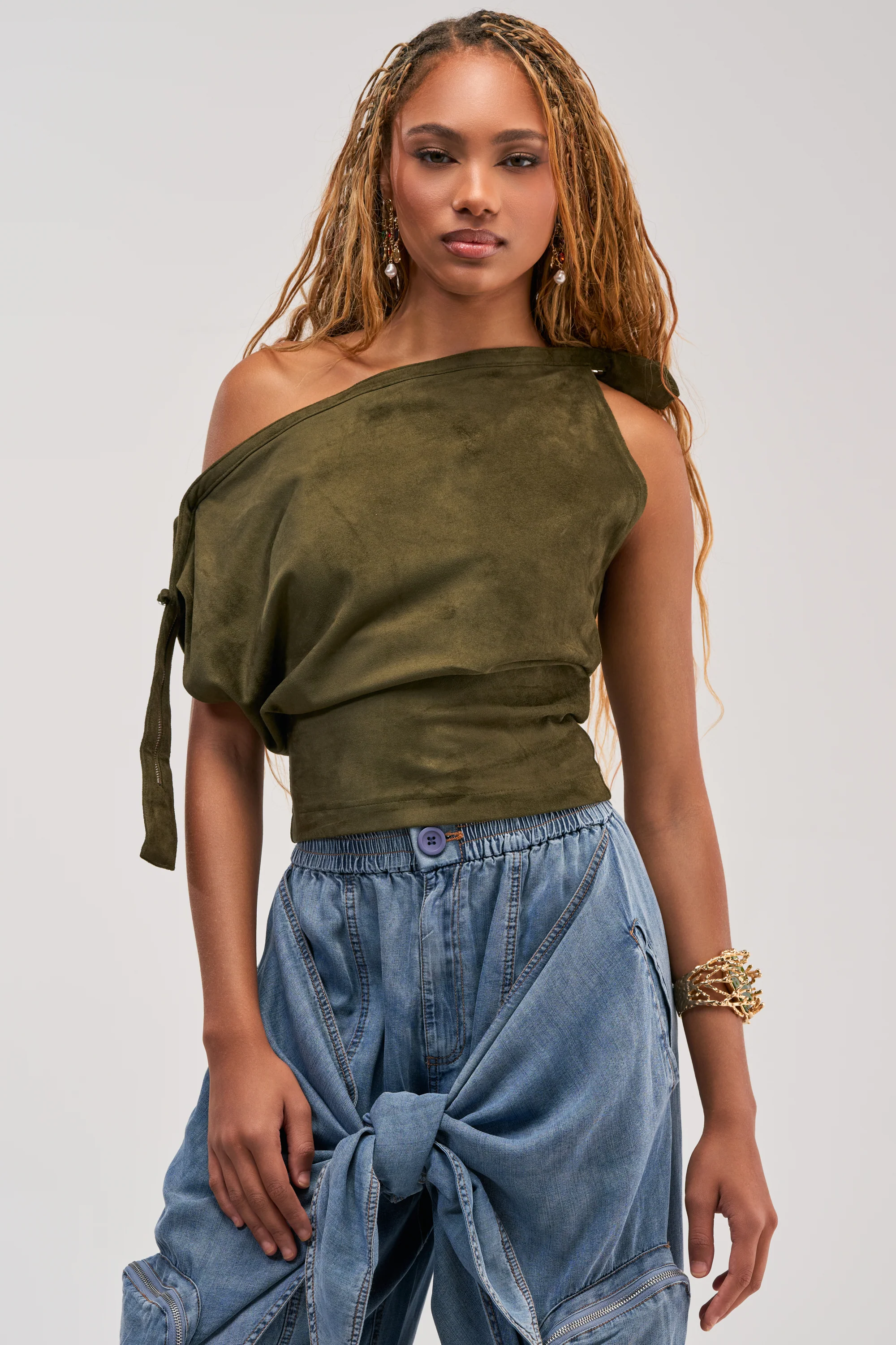 GOOD VIBES ONLY SUEDE OFF SHOULDER TOP - Akira Store