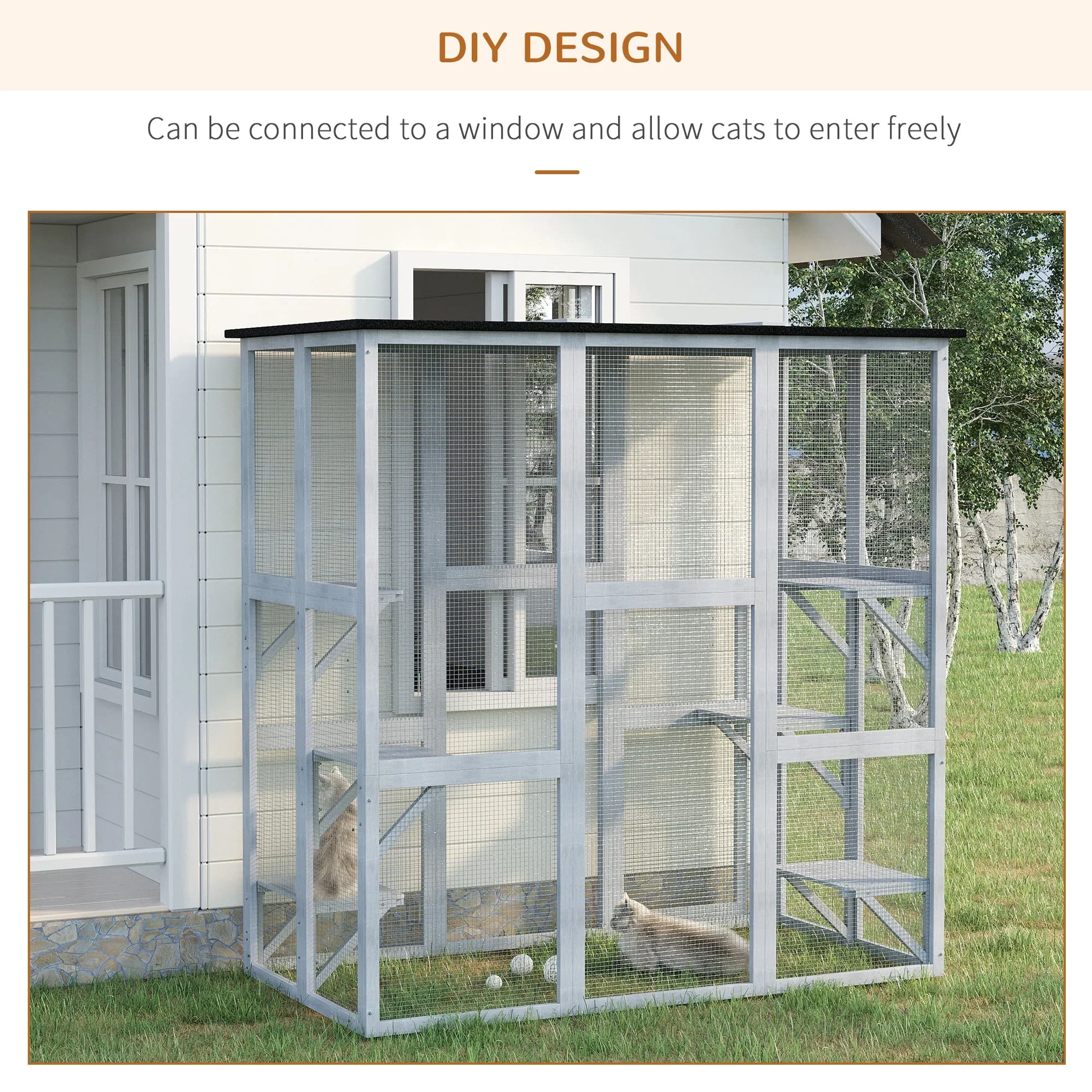PawHut Wooden Catio Enclosure with Weather Protection, 6 Platforms, Outdoor, Large, 71 x 38.5 x 71