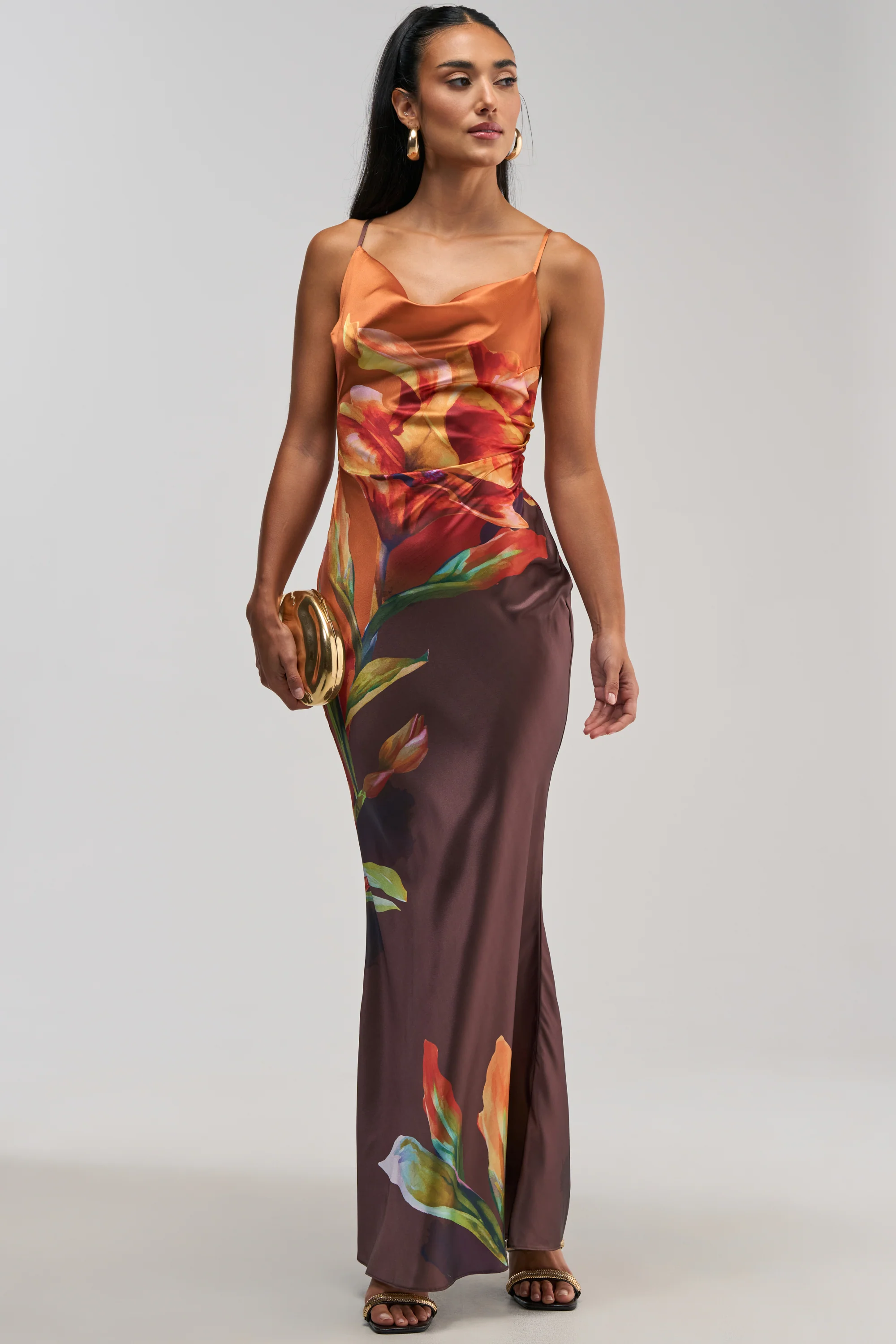THE MAIN EVENT FLORAL SATIN MAXI DRESS IN ORANGE - Akira Store