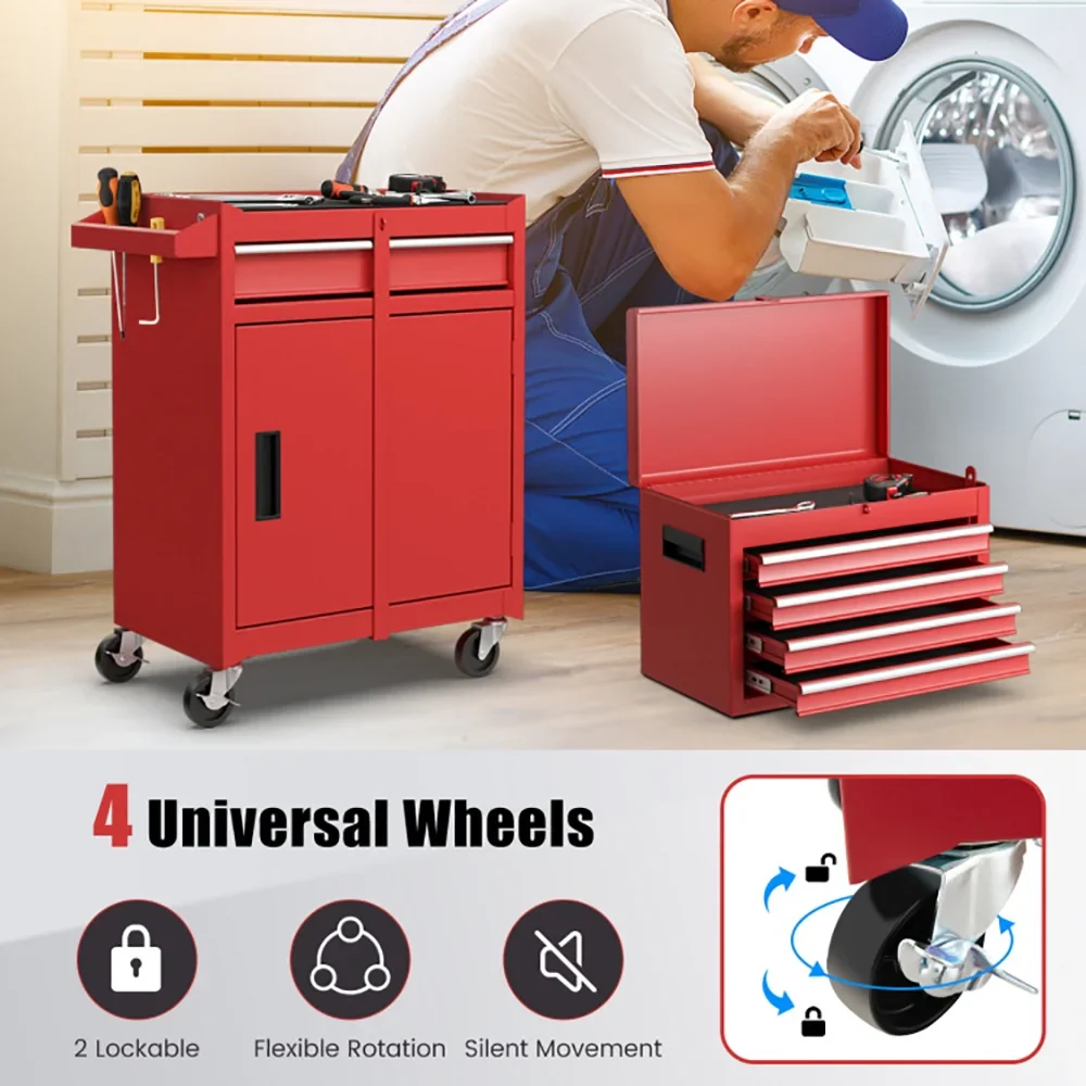 Canddidliike 2-in-1 Tool Chest and Cabinet with 5 Sliding Drawers-Red, Heavy Duty Utility Industrial Service Cart